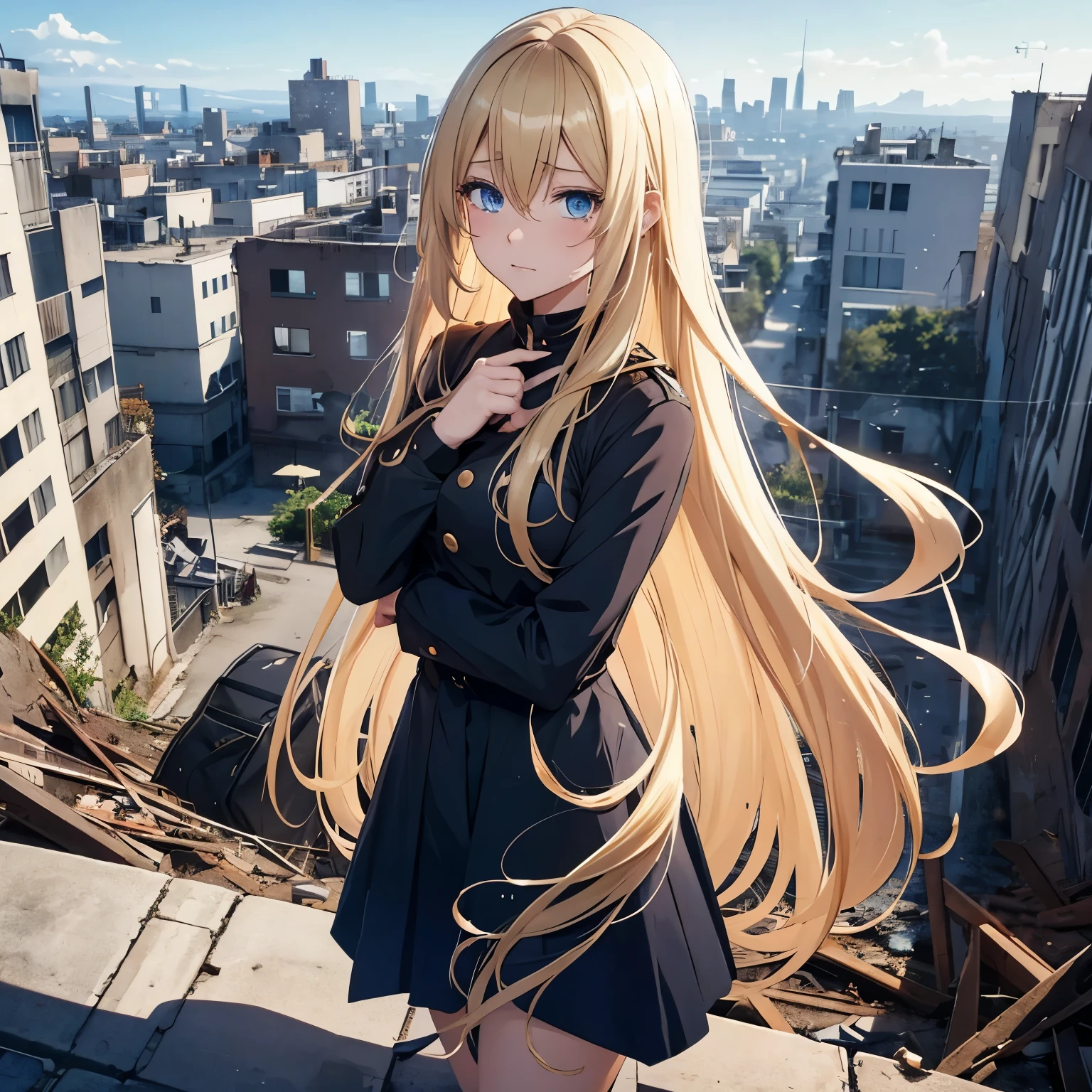 Anime girl with long blonde hair and dark blue eyes.Her outfit is damaged.She is relieved to find you are safe. She has tears in her eyes.City in ruins background