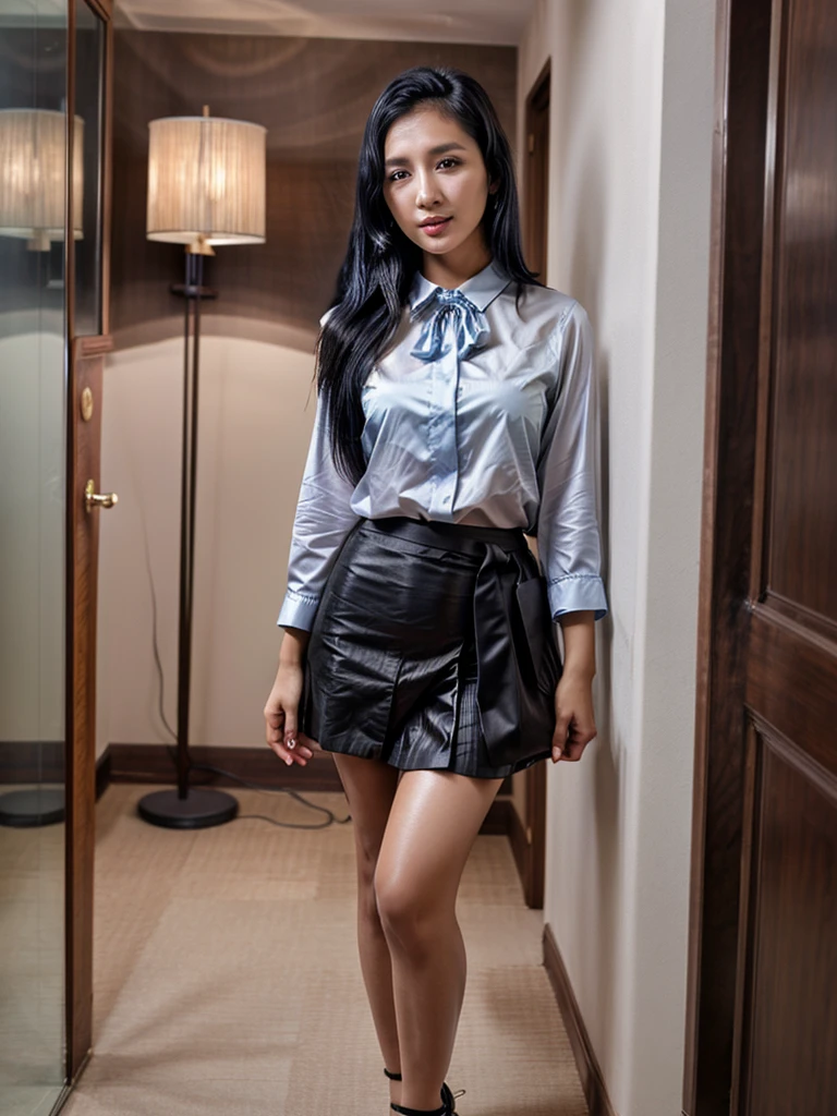 masterpiece, best quality, (Practical), high quality, 4K, (masterpiece:1.2), (best quality:1.2), (Realistic photos:1.2), 8k, , Intricate details,
A young malay woman in office clothes stands, She was wearing a suit tight unbuttoned blouse ,Pair with matching mini short skirt . Her black hair was neatly parted,Draped over the shoulders. around her is filled with blurry city traffic, night time, night atmosphere , night lights ambience ,Super tight hip-hugging skirt,Extra short skirt with hips,Sexy hot body,damp, glamorous body,
(( 3/4 Body : 1.4 )) , (( nice cleveage ) , waist up pose , upper_body pose , bright face , bright light ambience