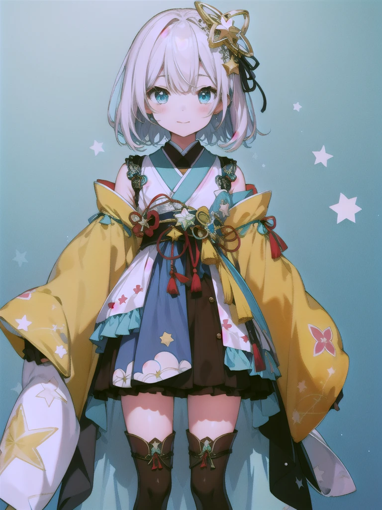 Clear colorasterpiece)、(highest quality)、(An illustration)、(Beautiful details)、1 Girl、solo、Looking at the viewer、、Long Hair、blue eyes、smile、vtuber-fullbody、Star Fairy、最高masterpiece、Official Art、Super detailed、super beautiful、かわいいStar Fairy、white straight short hair、Milky Way、universe、star charm、Star、Baby Face、Knee-high boots、Japanese pattern dress、浴衣をリメイクした黒と紺色のuniverseを思わせるOiranフリルドレス、Oiran、Simple Background、green background、