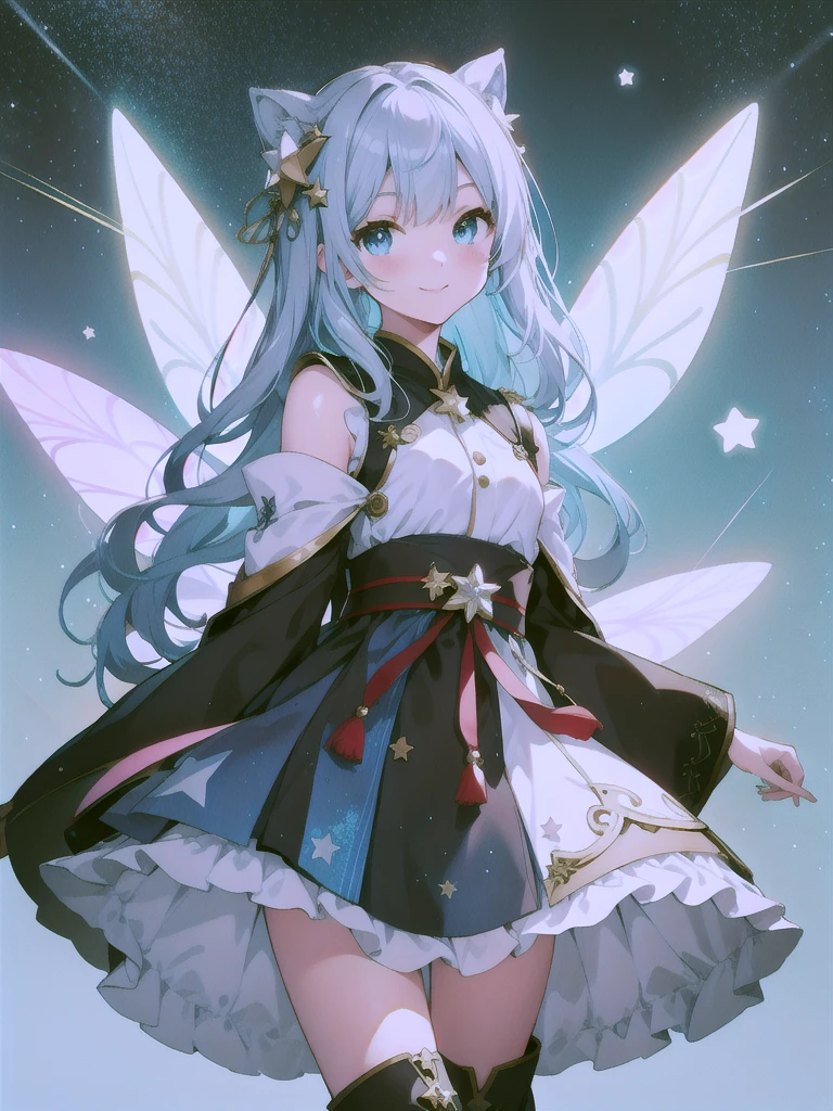 Clear colorasterpiece)、(highest quality)、(An illustration)、(Beautiful details)、1 Girl、solo、Looking at the viewer、、Long Hair、blue eyes、smile、vtuber-fullbody、Star Fairy、最高masterpiece、Official Art、Super detailed、super beautiful、かわいいStar Fairy、white straight short hair、Milky Way、universe、star charm、Star、Baby Face、Knee-high boots、Japanese pattern dress、浴衣をリメイクした黒と紺色のuniverseを思わせるOiranフリルドレス、Oiran、Simple Background、green background、