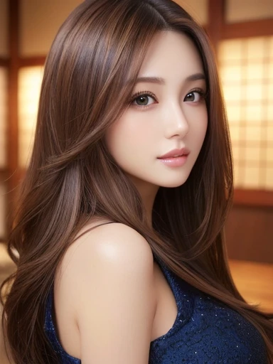 ((Keep your face as it is))、((Bust size 88cm))、masterpiece、highest quality、High resolution、wallpaper、Realistic、Bright lighting、Professional Lighting、Smooth lighting、Japanese women、Adult、Beautiful woman、gravure、sexy、so beautiful、Beautiful Skin、Beautiful and detailed、Detailed face、slim、Long Hair、Brunette colored hair、Brown eyes、