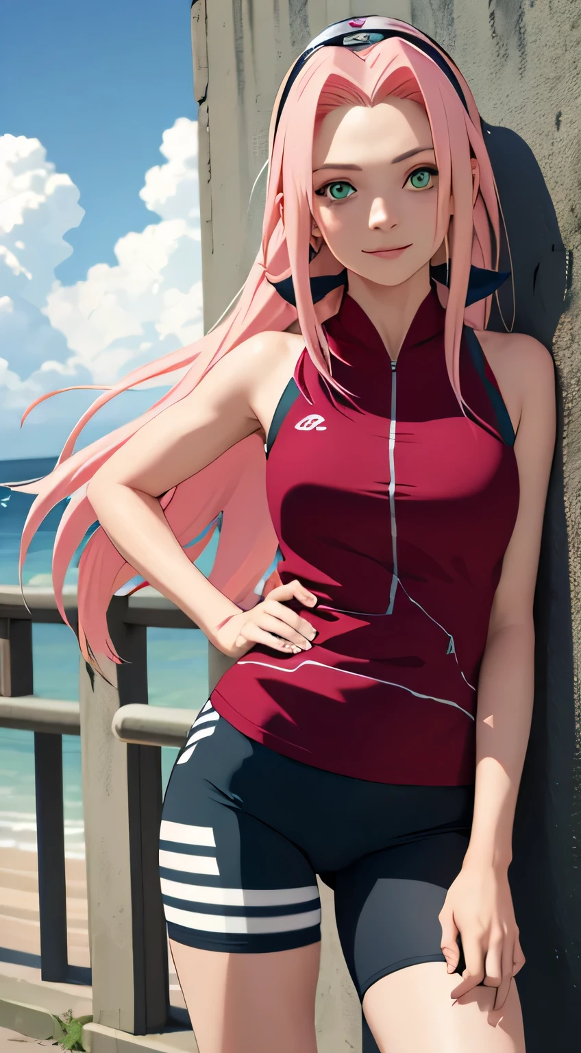the masterpiece, Best quality at its best, 1 girl,One, Sakura Haruno, small breasts,(lower body close up),raised sexy,shy,with pink hair, long white hair, (green eyes:1.3), Forehead Protection, smile, blue sky, clouds, hidden village, red clothes,Half zip, black bicycle shorts, Knee positionKick position