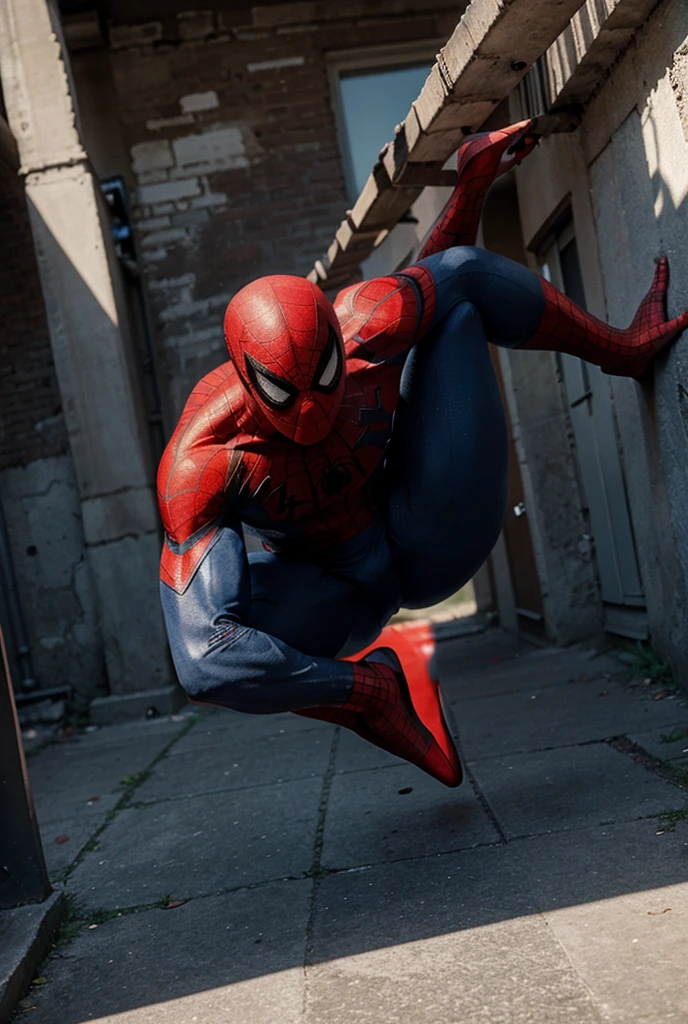 Spiderman, realiste, sculpted body, corps entier, position debout sur un toit
