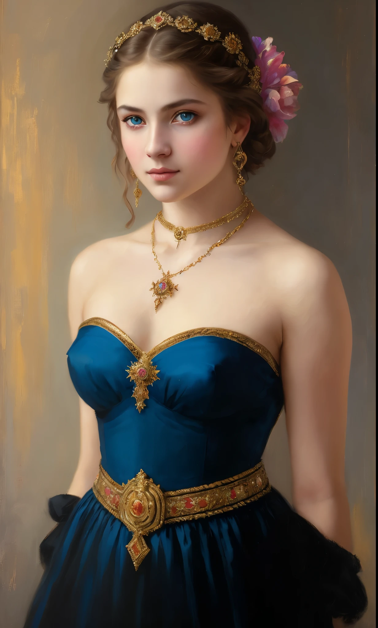 portrait, girl, middle ages, classicism, andrey atroshenko style, painting, pierced eyes, beautifully styled hair, traditional media, realistic, figurative, fine art, oil on canvas, HDR, 8K, original character, high resolution, vivid colours, high detail, focus on the face, beautiful eyes 