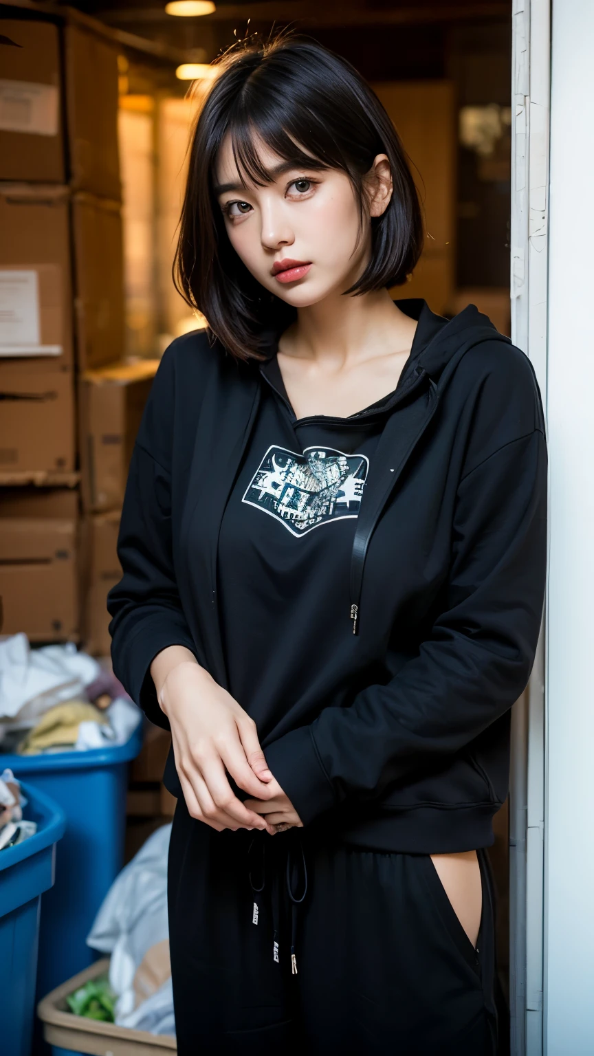 18-year-old,Korean women,(((Facing forward))),(((Frowning,カメラをGlaring))),(Very fine eye), (((Wearing a black hoodie,Wearing baggy pants))),((photograph)),((Woman in a trash dump)),(((Fabric Shading))), (((highest quality))), (((masterpiece))) strong girl, ((((Realistic)))), I have a card,Black Hair, chic hairstyle, ((With bangs,Straight medium bob cut, nice hair)), Light makeup,Red eyes, (((I'm not wearing lipstick))),(((Surrounded by trash indoors))), (nice, strong), Strong night atmosphere, Centered Images, Focus on the camera, Elegant colors,Realistic Skin,Realistic texture,8k,whole body,Pale skin, (((Dirty garbage dump))),A huge amount of trash,Red iris,Expressionless,Glaring,Perfect Face,(((Big eyes))),She is wearing wide black pants,Mouth closed, portrait of aespaのウィンター,She is wearing black streetwear, Woman in black streetwear, 黒いハイテクな服を着た女性のphotograph, Girl wearing black hoodie, Cyberpunk Streetwear, Cyberpunk Streetwear street fashion e-girl,