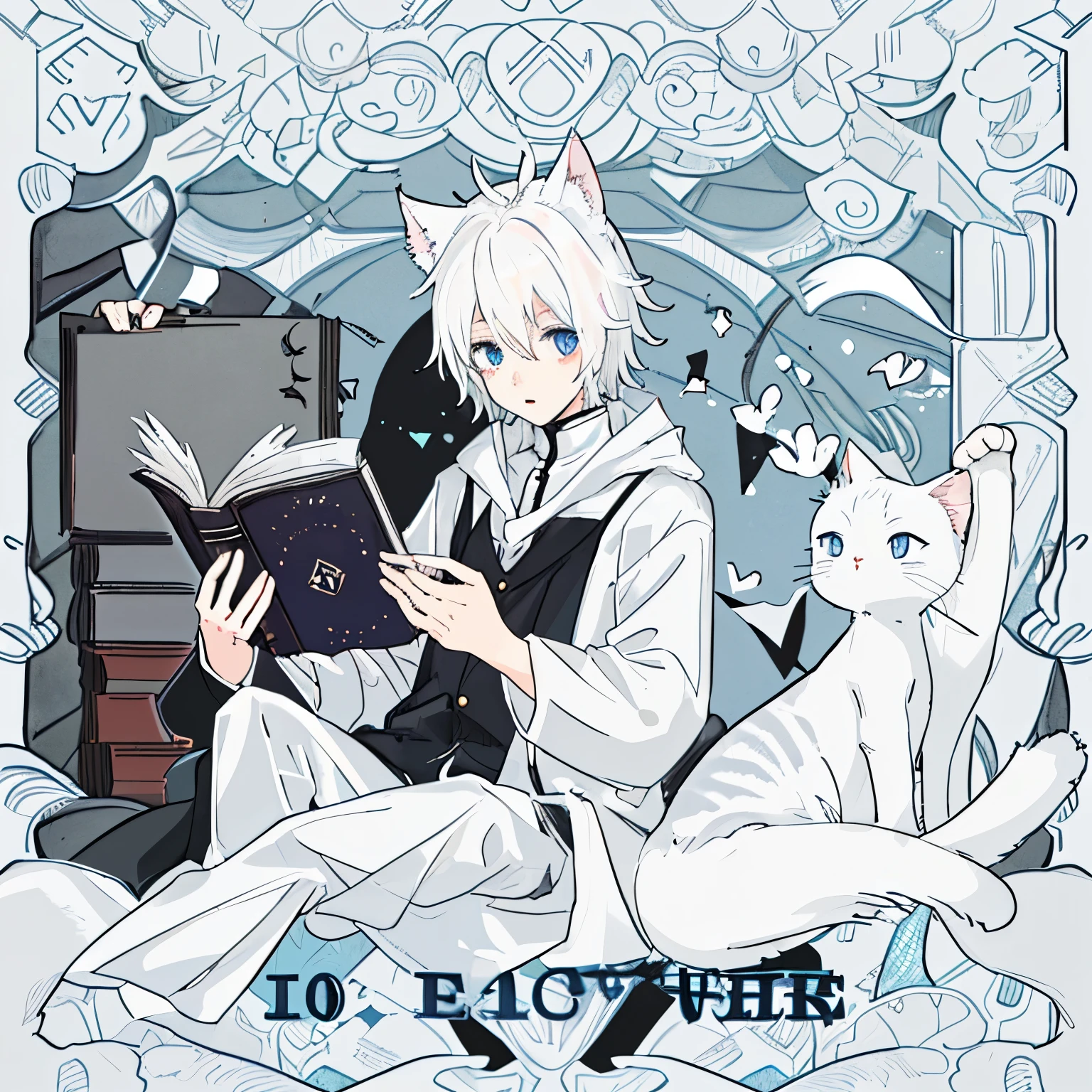 I read a book、White haired boy with cat ears