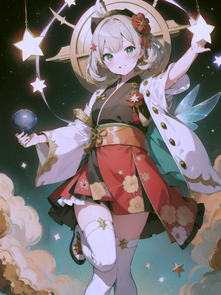 vtuber-fullbody、Star Fairy、Masterpiece、Official Art、Super detailed、super beautiful、かわいいStar Fairy、white straight short hair、Milky Way、universe、star charm、Star、、Knee-high boots、Japanese pattern dress、浴衣をリメイクした黒と紺色のuniverseを思わせるOiranフリルドレス、Oiran、Simple Background、green background、
