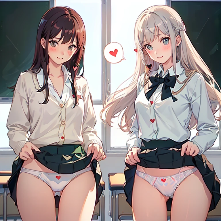 2 girls, smile, shirt, skirt, (small),((classroom:1.5))、、(blush:1.3)、((青いチェック柄のskirt:1.5))、Cowboy Shot、(skirt lift:1.3),(Highly detailed panties:1.3)、(Highly detailed white panties:1.3)、、(skirt that rolls up:1.3)、(Full-fledged panties:1.5)、,((Pure white cardigan))、((spoken heart:1.5))
