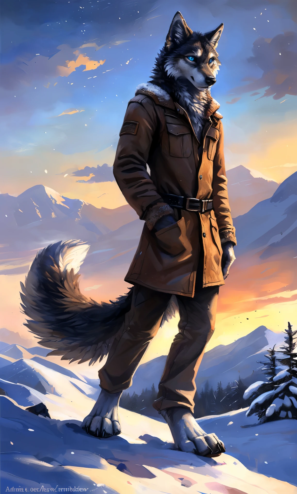((Solo)), male people, anthro wolf, (Multi-colored fur, White-brown:1.3，White tail pointed), (Height 2.1m,Tail length 1.2m), ((Wolf face, Big eyes, White eyelids, Blue pupil, Slim:1.2) (Tough, Calm expression:1.2)), Slim, pinging)), (Correct anatomy), (Winter clothing:1.1), The upper body  naked, (detailed outfits),A long big tail，Feet，(Realistic fur, Detailed fur texture, labeled:1.3)), (Natural lighting), Photorealistic, Hyperrealistic, ultradetailed, by Kenket，Snowfield，erect through，Running on