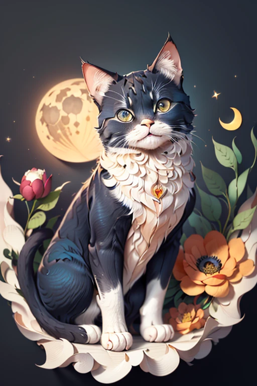 ((((Meisterwerk))), best quality, Illustrationen, beautiful details shine,
Papier_schneiden, The details of the cat&#39;s face are clearly visible to the camera, Baum, Mond,