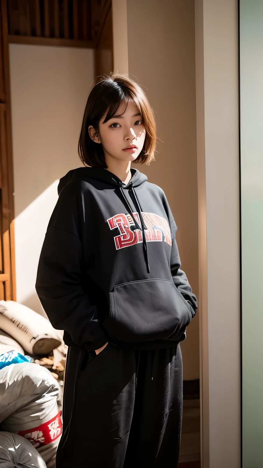 18-year-old,Korean women,(((Facing forward))),(((Frowning,カメラをGlaring))),(Very fine eye), (((Wearing a black hoodie,Wearing baggy pants))),(((Dark creepy interior))),((photograph)),((Woman in a trash dump)),(((Fabric Shading))), (((highest quality))), (((masterpiece))) strong girl, ((((Realistic)))), I have a card,Black Hair, chic hairstyle, ((With bangs,Straight medium bob cut, nice hair)), Light makeup,Red eyes, (((I&#39;m not wearing lipstick))),(((Surrounded by trash indoors))), (nice, strong), Strong night atmosphere,  Centered Images, Focus on the camera, Elegant colors,Realistic Skin,Realistic texture,８k,whole body,Pale skin, (((Dirty garbage dump))),A huge amount of trash,Red iris,Expressionless,Glaring,Perfect Face,(((Big eyes))),She is wearing wide black pants,Mouth closed, portrait of aespaのウィンター,She is wearing black streetwear, Woman in black streetwear, 黒いハイテクな服を着た女性のphotograph, Girl wearing black hoodie, Cyberpunk Streetwear, Cyberpunk Streetwear street fashion e-girl,