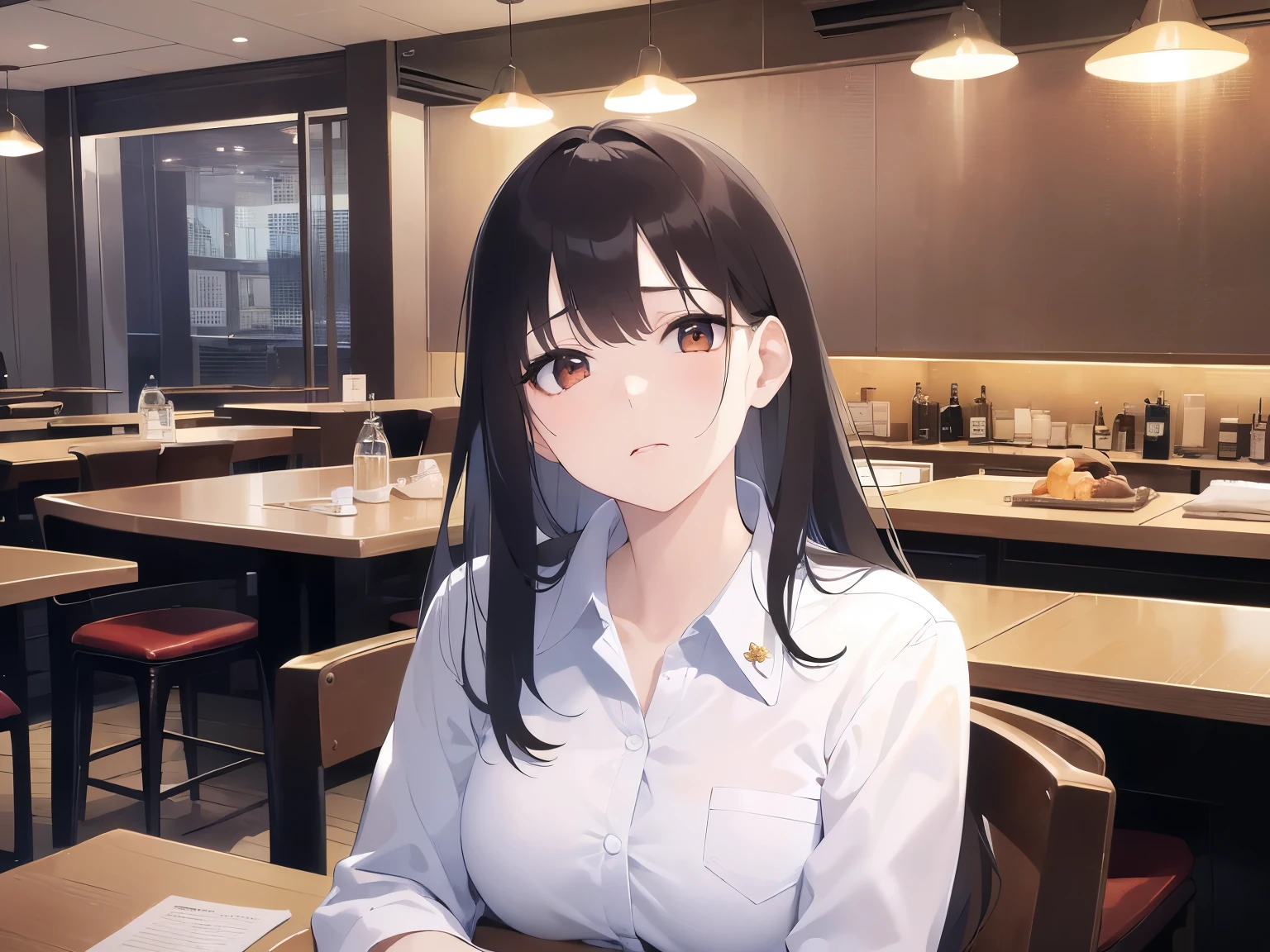 looking up, Upper Body, Realistic, real person, (pale skin: 1.2), RAW photo, photorealistic, portrait photography, shiny skin, shiny hair、(25 year old woman with medium hair with bangs) and (wavy hair) and (brown hair) and (orange eyes) ,(white collared shirt) and (long sleeve), (sad:1.5), The background is the interior of a restaurant at night.、Alone、Sitting