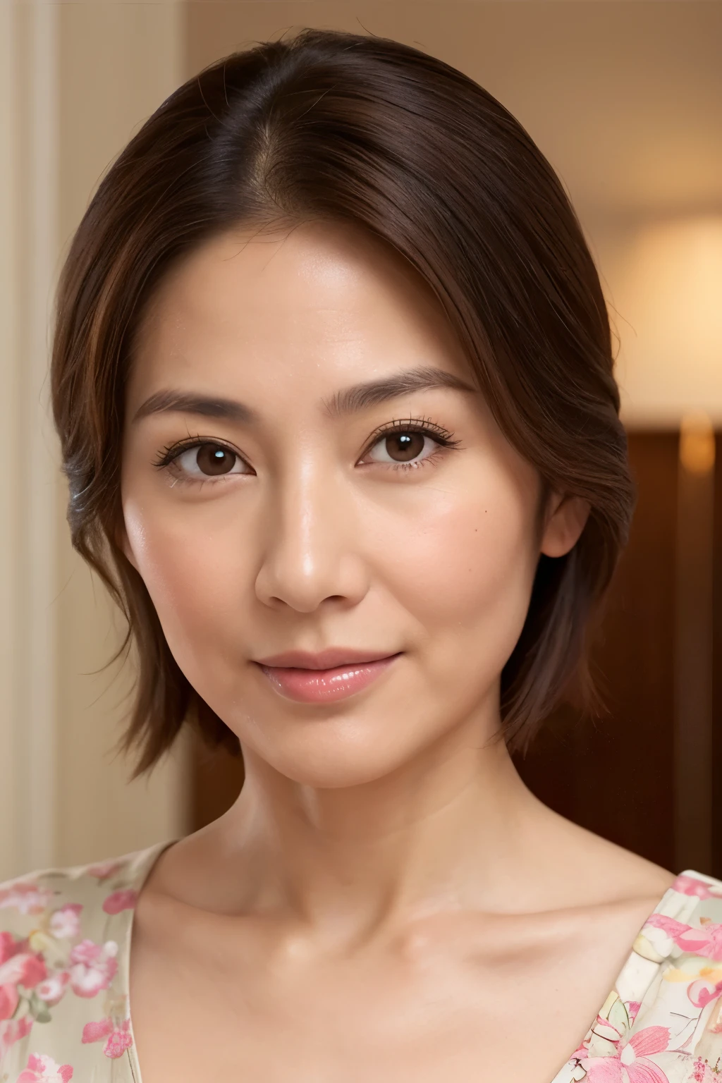 masterpiece, Very detailed, Perfect Face, Beautiful 50 year old Japanese MILF, Facial wrinkles, Wrinkles at the corners of the eyes, Small breasts, Gorgeous Brown Hairstyles, View your viewers, Sexy look, A dress with a bright pattern and thin straps