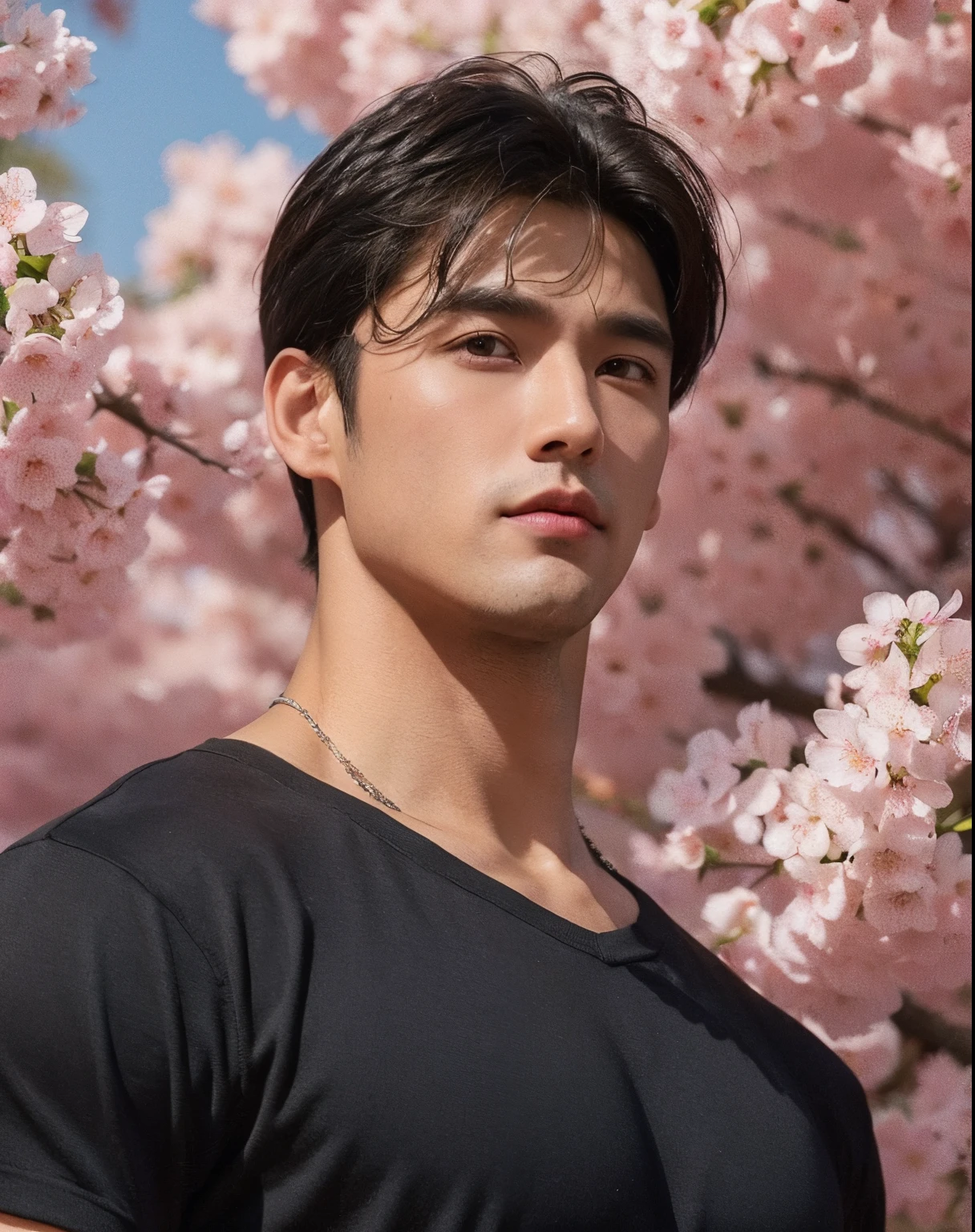 Handsome male, black hair, comma hair style,manly , muscular body , brown eyes,Cherry blossom background ,toji fushigoro