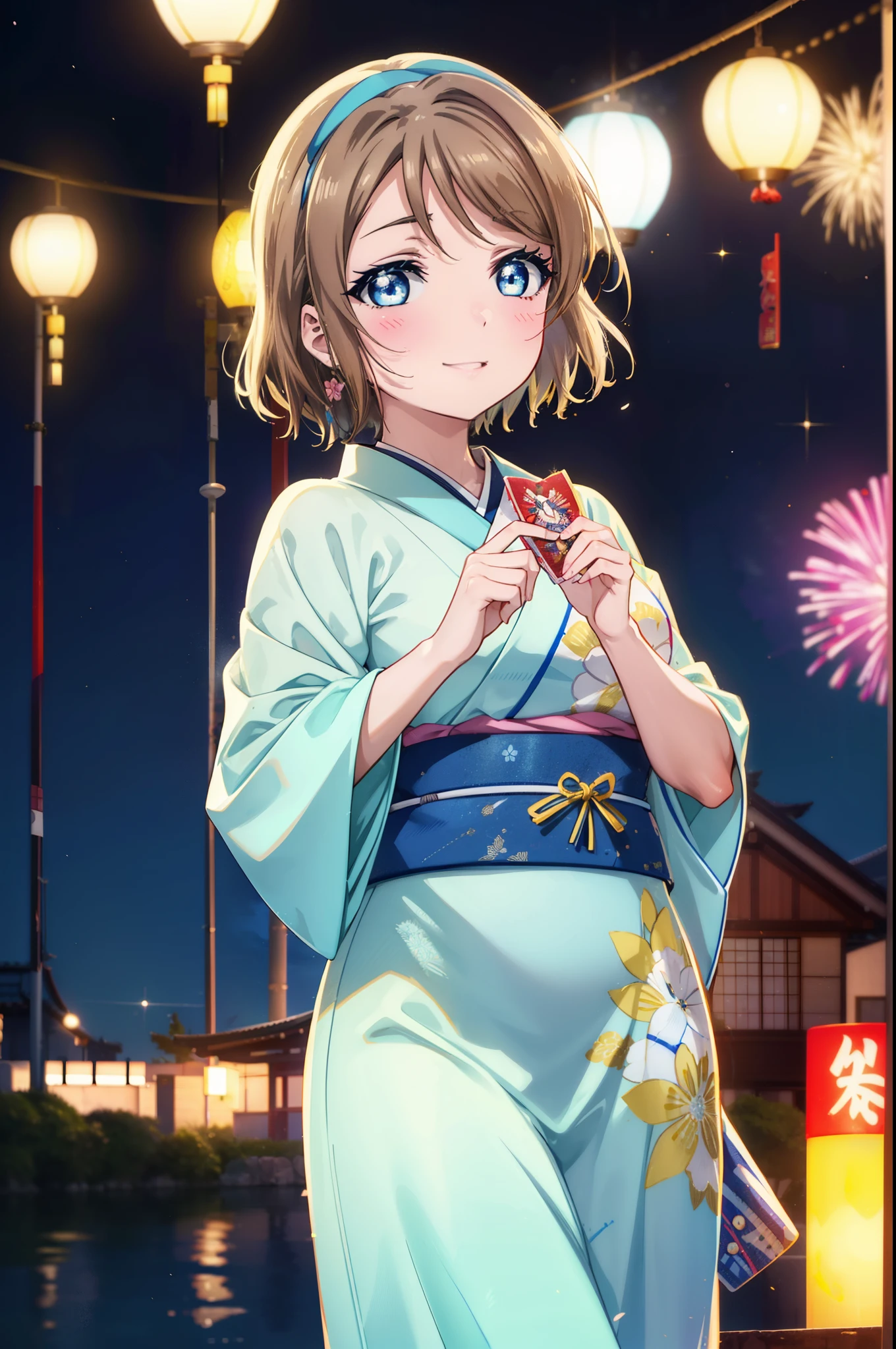 Yowatanabe, Watanabe Yo, short hair, blue eyes, brown hair, blush,Blue headband,happy smile, smile, Open your mouth,Blue Kimono,Long skirt,White tabi sandals,日本のfestival,夏festivalの屋台、Red lantern,Fireworks display,night,moonlight,
break outdoors, festival,
break looking at viewer, (Cowboy Shot:1.5),
break (masterpiece:1.2), highest quality, High resolution, unity 8k wallpaper, (figure:0.8), (Beautiful fine details:1.6), Highly detailed face, Perfect lighting, Highly detailed CG, (Perfect hands, Perfect Anatomy),