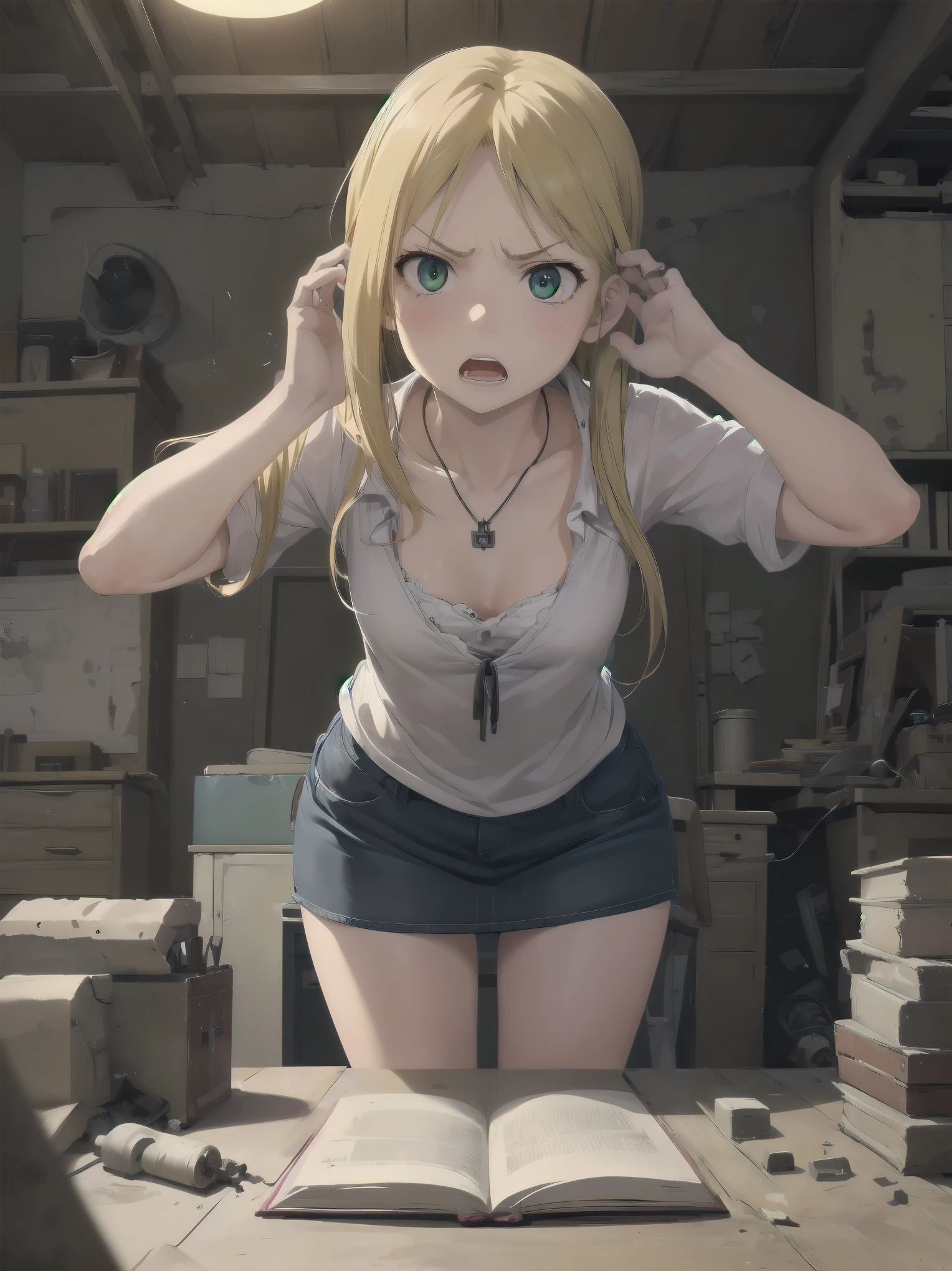 1girl,winry rockbell,fullmetal alchemist,
angry , open mouth,pose,
leaning forward, focus on face,
broken mechanical  parts on desk,, (masterpiece:1.2),(best quality:1.2),newest,   ai-generated,