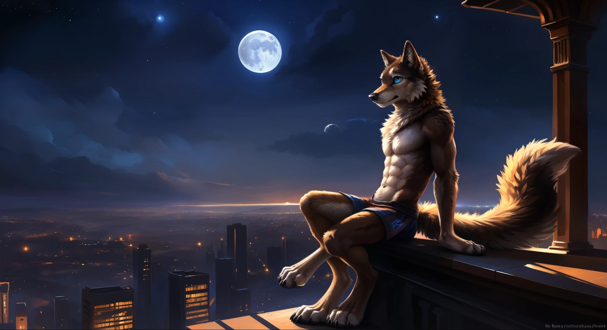 ((Solo)), male people, anthro wolf, (Multi-colored fur, White-brown:1.3), ((Wolf face, Big eyes, White eyelids, Blue pupil, Slim:1.2) (Tough, Calm expression:1.2)), (Height 2.1 meters,Tail length 1.5m), Abs, Slim, pinging, (Correct anatomy), (Contour bone:1.2), The upper body is naked, (detailed outfits), a long large tail,Feet,(Realistic fur, Detailed fur texture, labeled:1.3)), (Natural lighting), Photorealistic, Hyperrealistic, ultradetailed, by Kenket,In the modern city,Roof,the night,Sit alone,Look at the full moon,It was dark,Starry