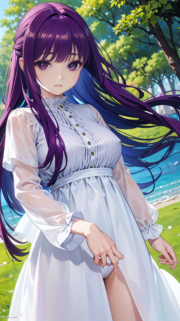 Super detailed, NSFW, masterpiece, High resolution, Photorealistic digital art, perfect lighting, (((1 girl, perfect anatomy))), accurate right hand, accurate left hand, five fingers, perfect style, Fern, big purple eyes, glossy lips, purple hair, shiny skin, smile, Pure white long sleeve blouse, pure white long skirt, (very long skirt), Not wearing underwear, Fluttering skirt, fluttering hair, (Strong light, body line), Fantasy art, Up close shot, Focus on the groin,