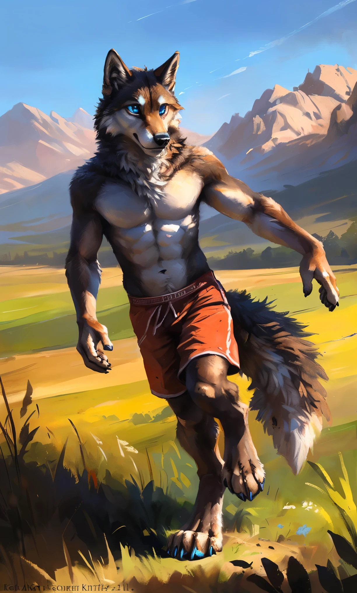 ((Solo)), male people, anthro wolf, (Multi-colored fur, White-brown:1.3，White tail pointed), (Height 2.1m,Tail length 1.2m), ((Wolf face, Big eyes, White eyelids, Blue pupil, Slim:1.2) (Tough, Calm expression:1.2)), Abs, Slim, pinging)), (Correct anatomy), (Work shorts:1.1), The upper body  naked, (detailed outfits),A long big tail，Feet，(Realistic fur, Detailed fur texture, labeled:1.3)), (Natural lighting), Photorealistic, Hyperrealistic, ultradetailed, by Kenket，Field，erect through，Running on