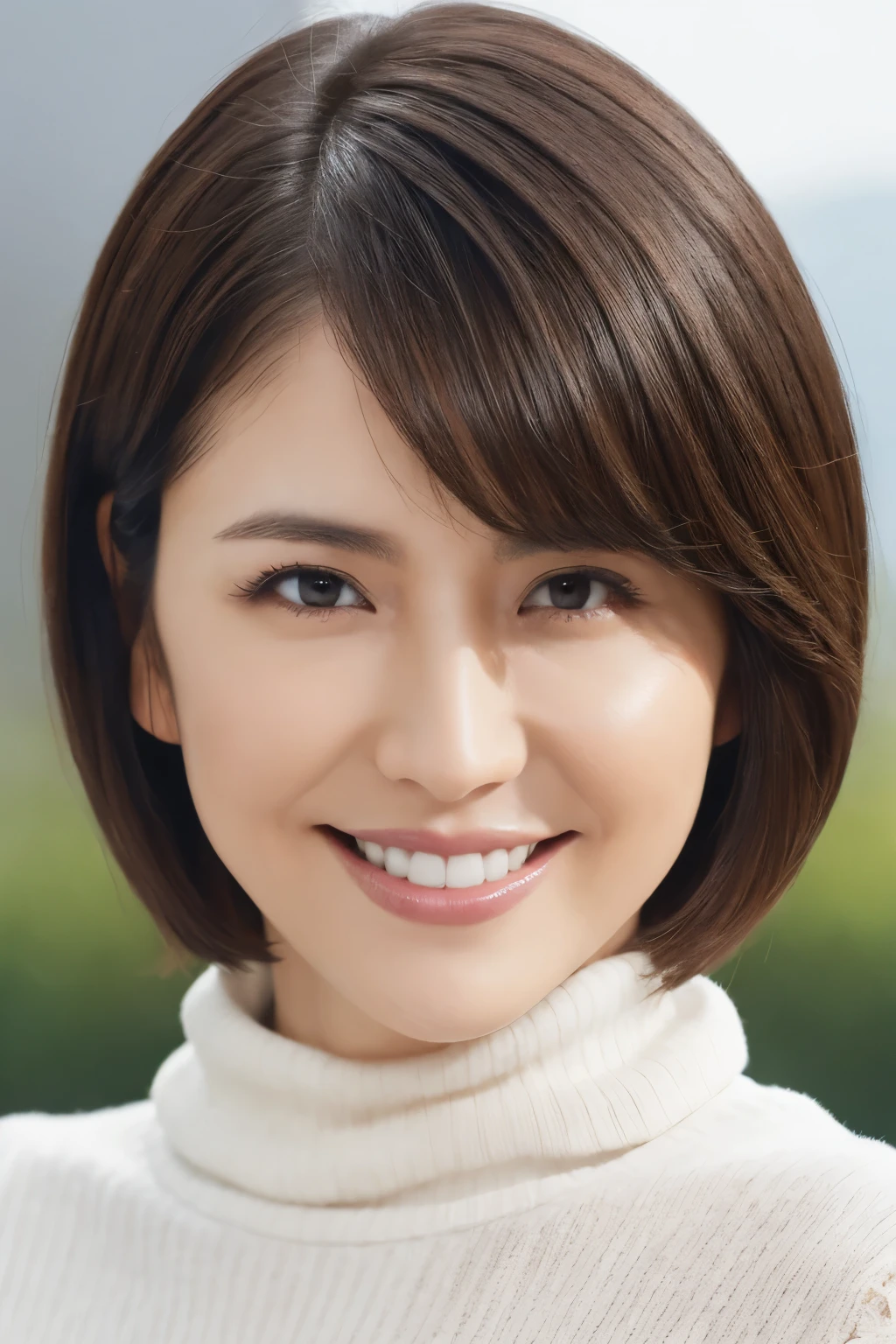 highest quality, Tabletop, 8k, One beautiful woman, Age 35, big breasts, Tight knit for a perfect fit, Accentuate your body lines, short hair, bob hair, Perfect turtleneck sleeveless knit sweater, Look at me and smile a little, Strongly blurred accurate park background, Standing Elegantly, Droopy eyes, Natural Makeup, Ultra-high definition beauty face, Ultra HD Hair, Ultra-high definition sparkling eyes, Accurate anatomy