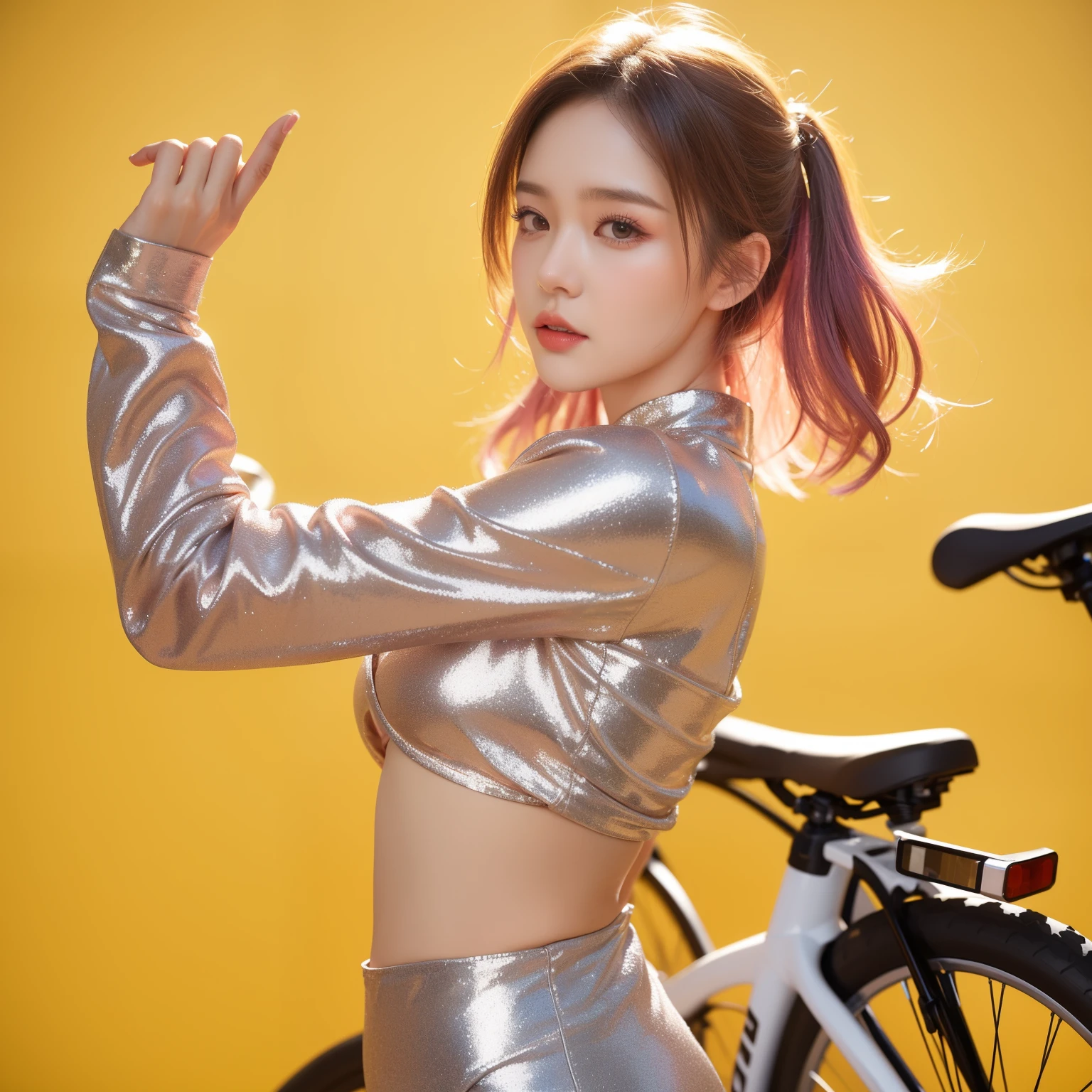 A woman in a sparkly outfit stands next to a bicycle, Popular on cgstation, deviantart art station cgscosiety, Headquarters Artwork, Most models | Type Germ, inspired by Yanjun Cheng, Popular content on artstation hd, author：Russell Dongjun Lu, [ 4k digital art ]!!, Artwork in the style of Guweiz, Official Fanart