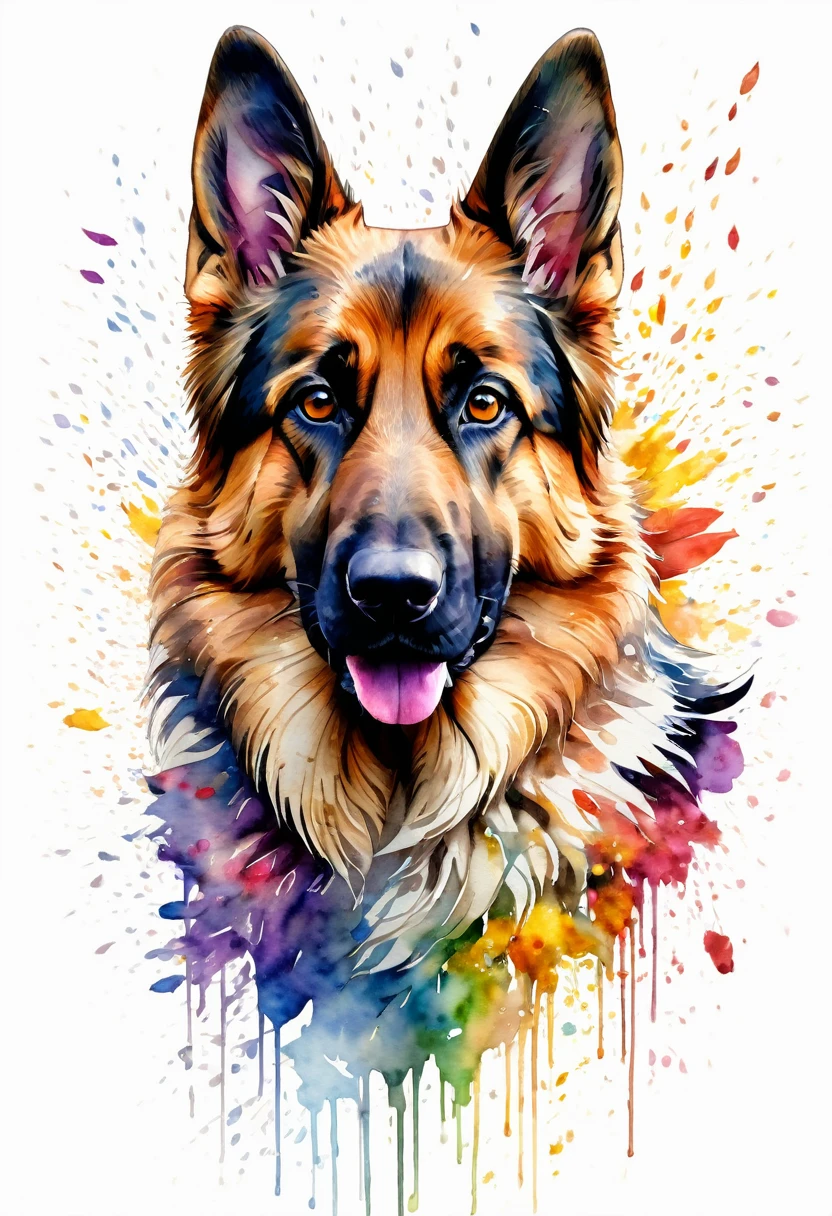 german shepherd dog,( watercolor \(medium\), IrisCompiet:1.2),abstract background, fantasy, many colors, colorful, flower petals, wind blowing,masterpiece, best quality, (extremely detailed CG unity 8k wallpaper), (best quality), (best illustration), (best shadow), absurdres, realistic lighting, (Abyss), beautiful detailed glow,clear face, clean white background, masterpiece, super detail, epic composition, ultra HD, high quality, extremely detailed, official art, uniform 8k wallpaper, super detail, 32k -- v 6