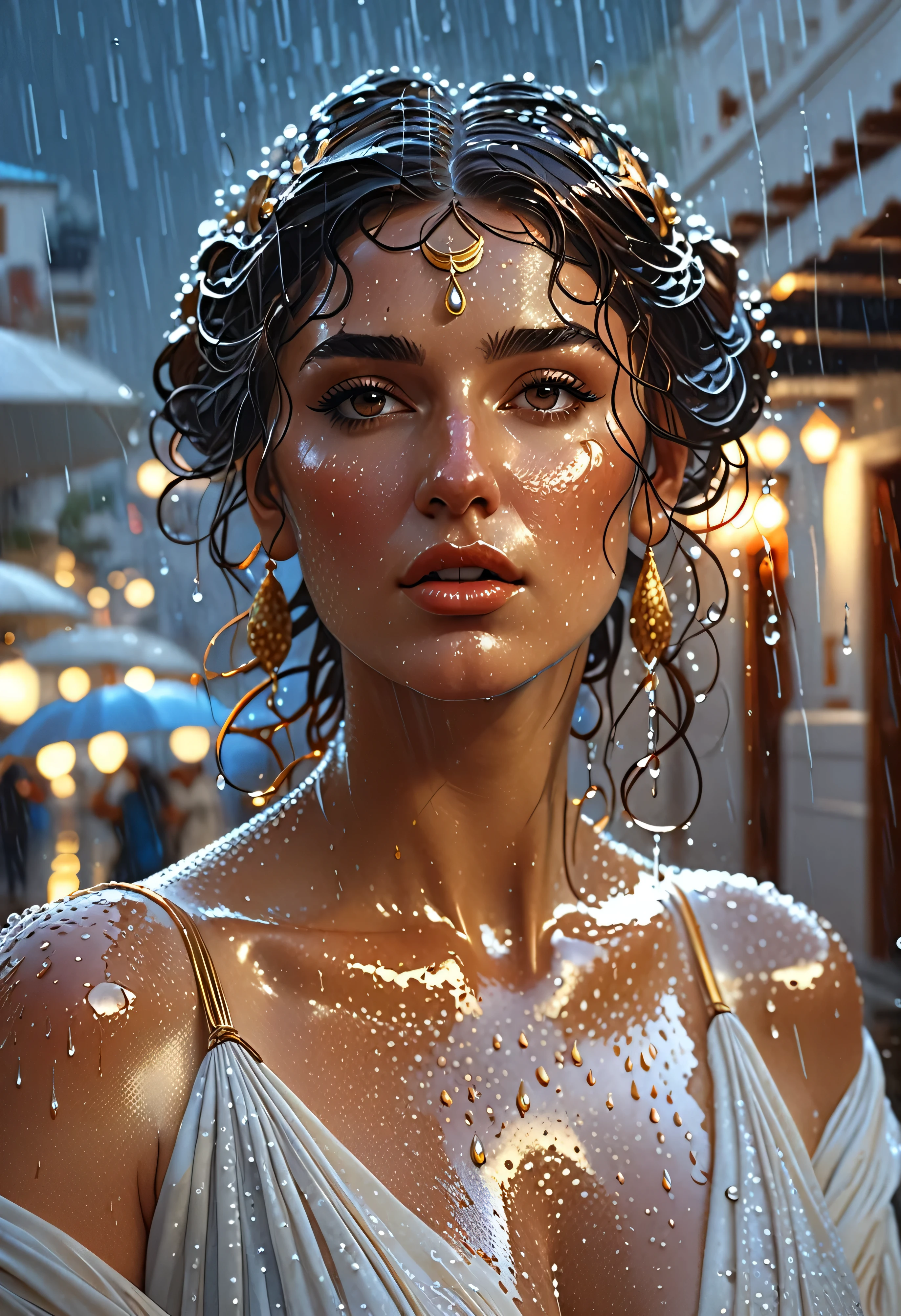 portrait of beautiful greek goddess, looking straight up in pouring rain, soaking wet hair, by terry o'neill intricate, elegant, highly detailed, digital painting, glistening skin, artstation, concept art, smooth, sharp focus, bright lighting, illustration, art by artgerm and greg rutkowski and alphonse mucha, 8 k,