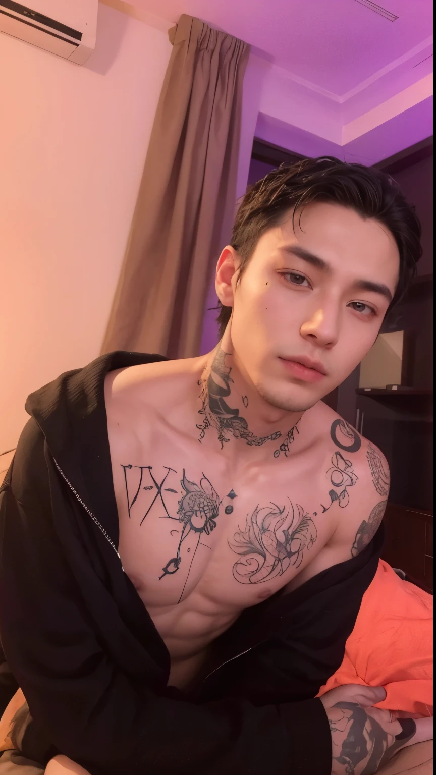 arafed man with tatuajes on his chest sitting on a bed, handsome japanese demon boy, with tatuajes, 22 years, 21 years, entintado, 27 years old, cai xukun, 23 years, asian man, with facial tatuaje, 18 years, whole tatuaje, 28 years old, tatuaje, tatuajeed