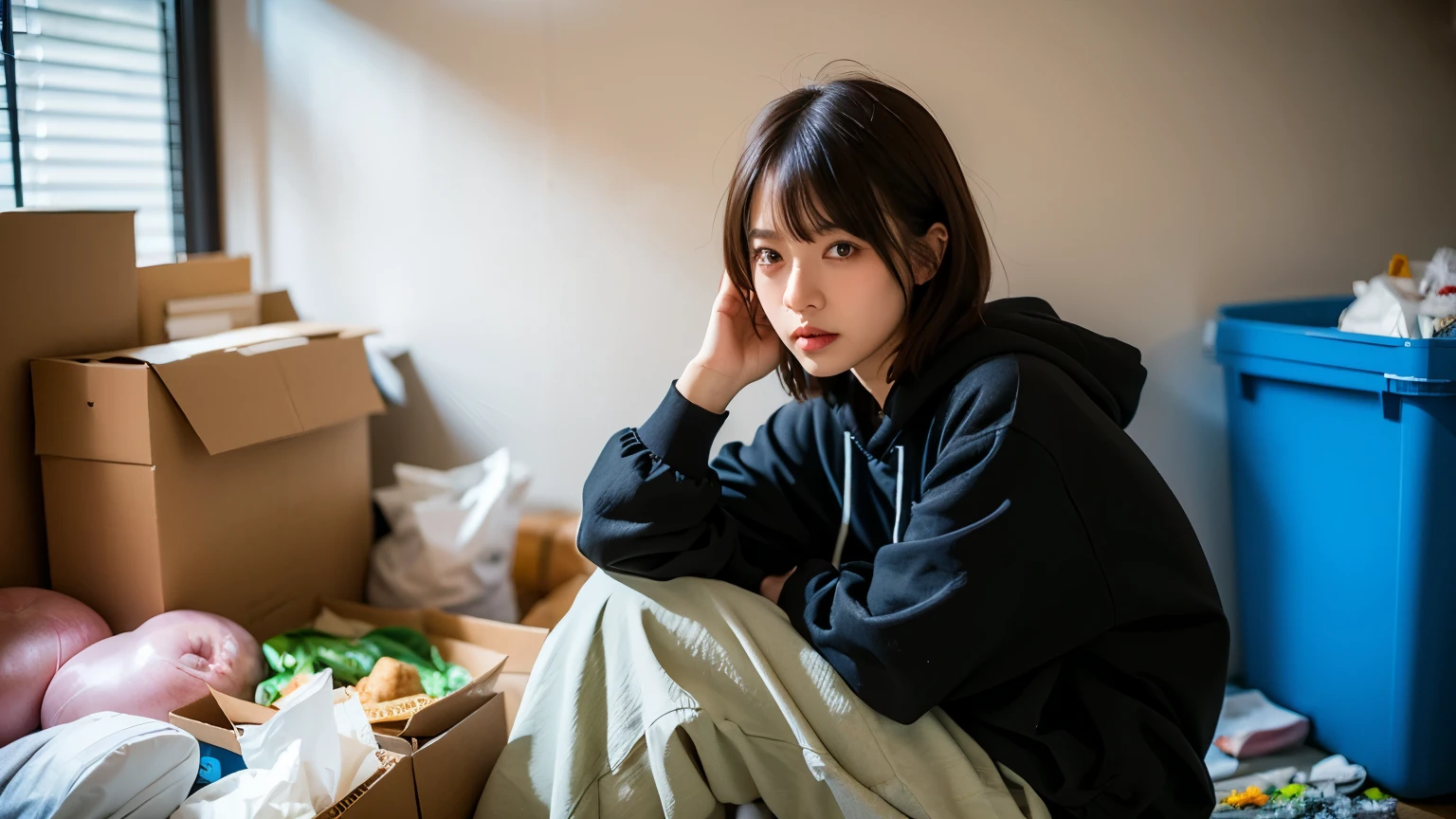 18-year-old,Korean women,(((Facing forward))),((((Frowning,カメラをGlaring)))),(Very fine eye), tired,(((Wearing a black hoodie,Wearing baggy pants))),(((Dark creepy interior))),((photograph)),((Woman in a trash dump)),(((Fabric Shading))), (((highest quality))), (((masterpiece))) strong girl, ((((Realistic)))), I have a card,Black Hair, chic hairstyle, ((With bangs,Straight medium bob cut, nice hair)), Light makeup,Red eyes, (((I'm not wearing lipstick))),(((Surrounded by trash indoors))), (nice, strong), Strong night atmosphere, Centered Images, Focus on the camera, Elegant colors,Realistic Skin,Realistic texture,8k,whole body,Pale skin, (((Dirty garbage dump))),A huge amount of trash,Red iris,Expressionless,Glaring,Perfect Face,(((Big eyes))),She is wearing wide black pants,Mouth closed, portrait of aespaのウィンター,She is wearing black streetwear, Woman in black streetwear, 黒いハイテクな服を着た女性のphotograph, Girl wearing black hoodie, Cyberpunk Streetwear, Cyberpunk Streetwear street fashion e-girl,