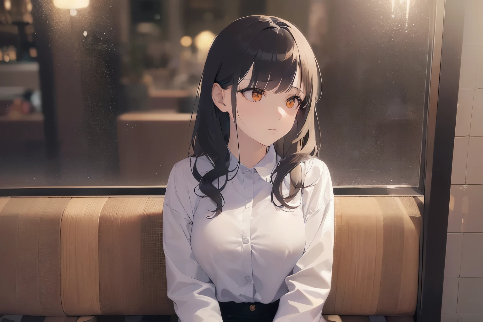 looking up, Upper Body, Realistic, real person, (pale skin: 1.2), RAW photo, photorealistic, portrait photography, shiny skin, shiny hair、(25 year old woman with medium hair with bangs) and (wavy hair) and (brown hair) and (orange eyes) ,(white collared shirt) and (long sleeve), (sad:1.5), The background is the interior of a restaurant at night.、Alone、Sitting