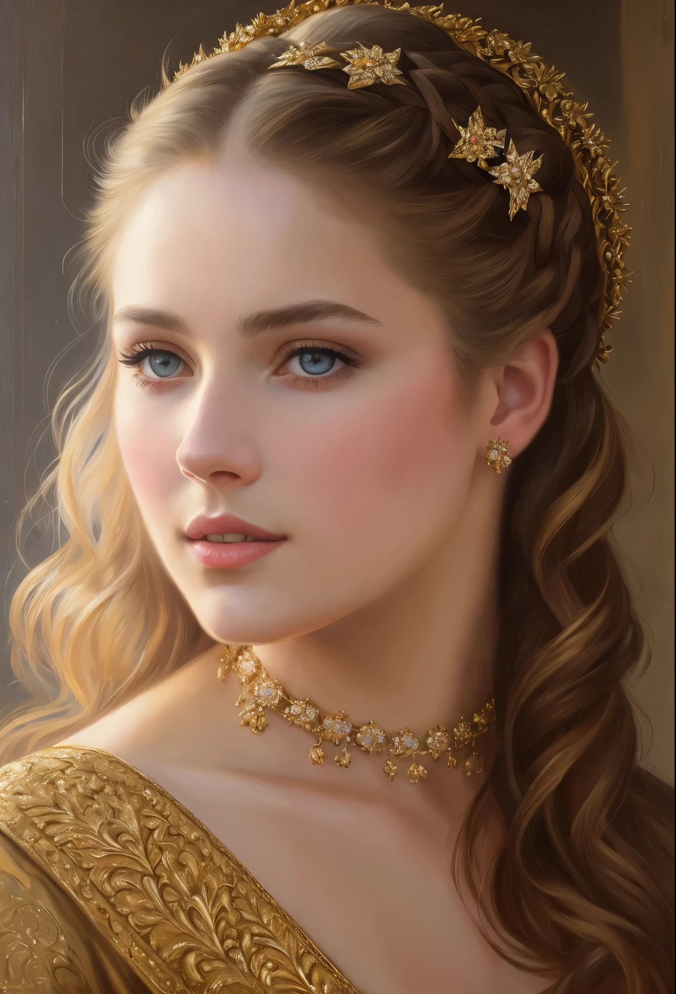portrait, girl, middle ages, classicism, andrey atroshenko style, painting, pierced eyes, beautifully styled hair, traditional media, realistic, figurative, fine art, oil on canvas, HDR, 8K, original character, high resolution, high detail, focus on the face, beautiful eyes