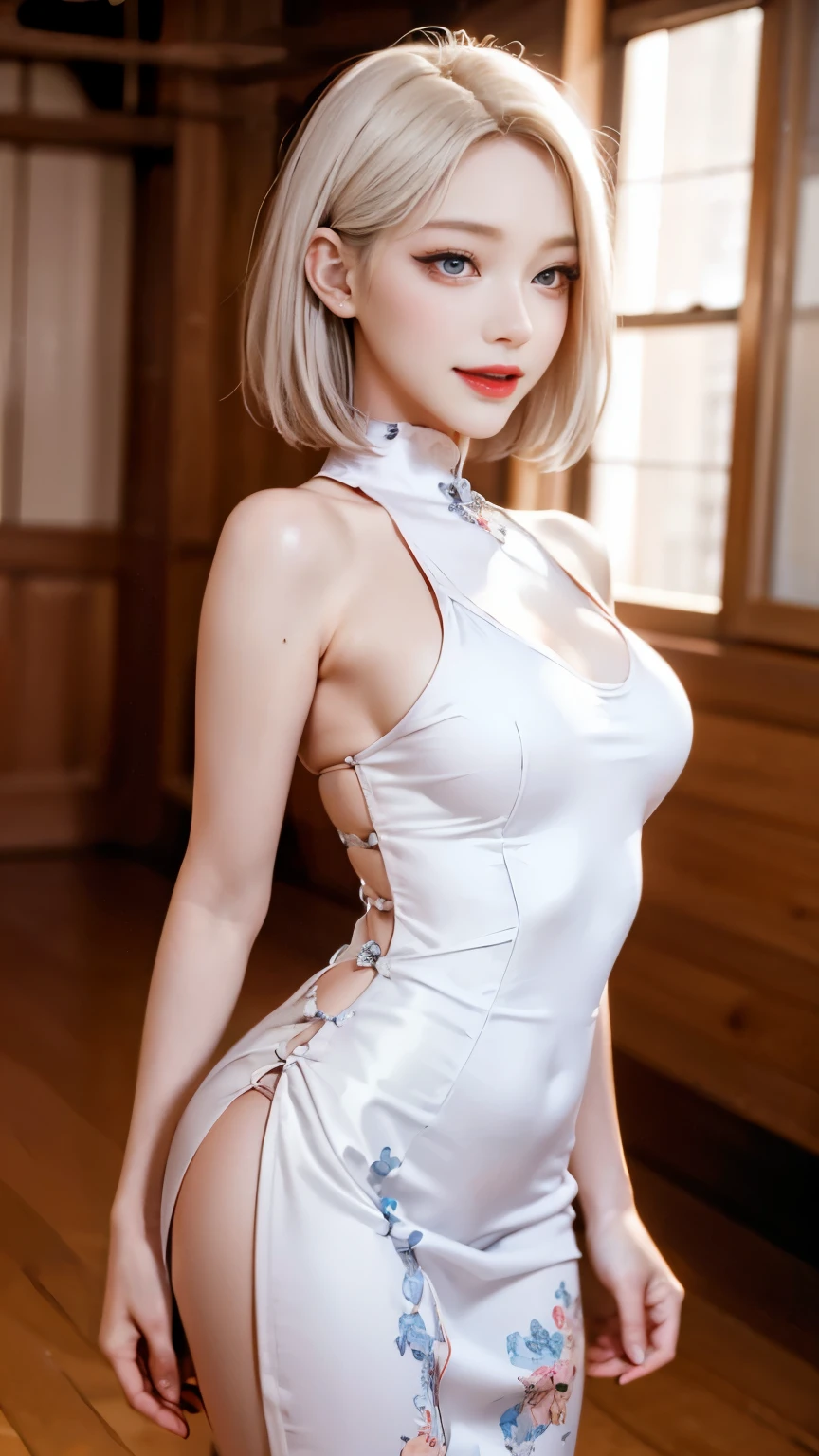 Best image quality、Live Shooting、Ultra-high resolution、21 years old Korean、Small breasts、Dynamic Angle、Cowboy Shot、Chaos in its most beautiful form、elegant、brutalism design、Vibrant colors、beautiful white hair、Short Bob、smile、smile、Glowing White Skin、Beautiful eyes with random colors、Beautiful eyes in every detail、Long, narrow eyes、Thin lips、Pale pink blush、Long eyelashes、Beautiful double eyelids、eye shadow、Bright room、China dress、Cosplay、Shooting from the side、Sexy pose