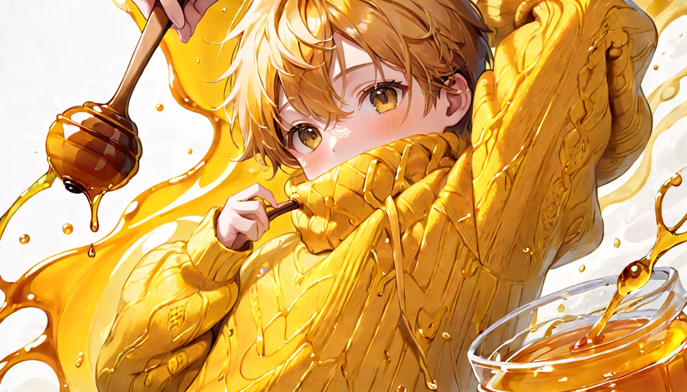 (highest quality, masterpiece) High resolution illustration of a boy covered in sticky natural honey, yellow, syrup, Oversized sweater, comfortable, comfortable, Close-up shot, Detailed Texture, Delicious Scent, Flavorful sensation, Warm and appetizing,