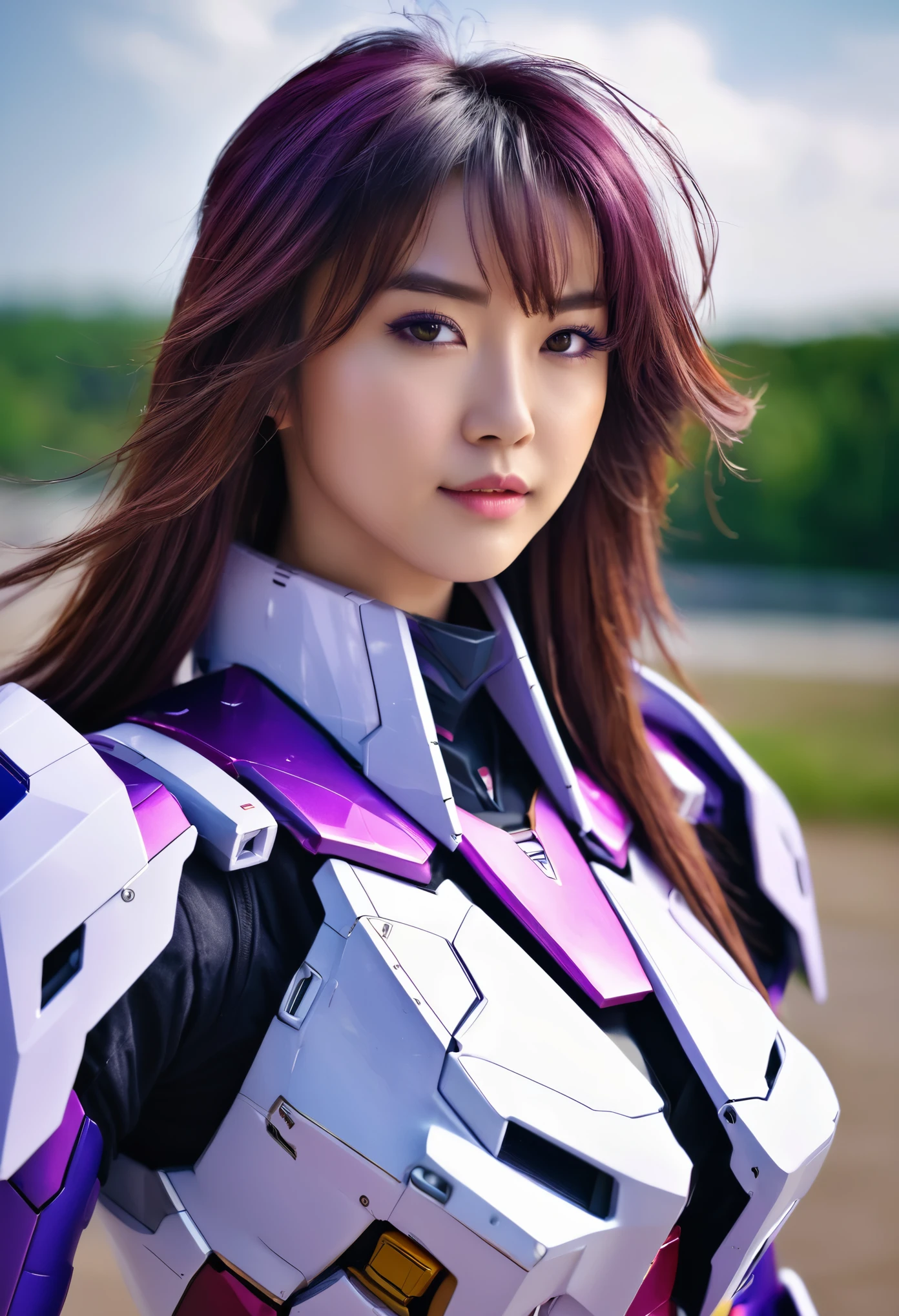 RAW, Masterpiece, Ultra Fine Photo,, Best Quality, Ultra High Resolution, Photorealistic, Sunlight, Full Body Portrait, Stunningly Beautiful,, Dynamic Poses, Delicate Face, Vibrant Eyes, a full body of a woman in a purple and white gundam custume, dybamic pose, very long brown very very long hair rapunzel very silky, girl in mecha cyber armor, portrait armored astronaut girl, d. va from overwatch, female mecha, on a gundam, gundam head, chiho aoshima color scheme, mobile suit, streamlined purple armor, fully robotic!! girl, realistic cosplay, gundam armor (dynamic pose) (best cameraview), full body, sit down, full body