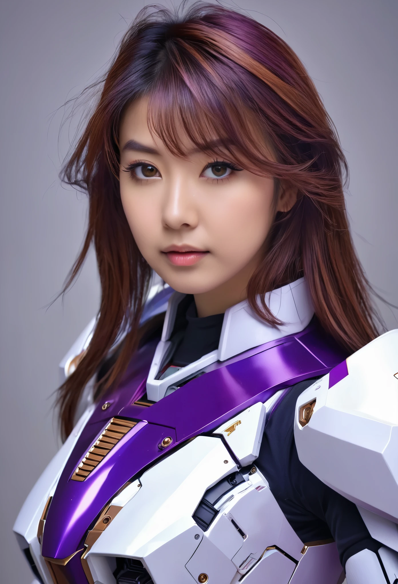 RAW, Masterpiece, Ultra Fine Photo,, Best Quality, Ultra High Resolution, Photorealistic, Sunlight, Full Body Portrait, Stunningly Beautiful,, Dynamic Poses, Delicate Face, Vibrant Eyes, a full body of a woman in a purple and white gundam custume, dybamic pose, very long brown very very long hair rapunzel very silky, girl in mecha cyber armor, portrait armored astronaut girl, d. va from overwatch, female mecha, on a gundam, gundam head, chiho aoshima color scheme, mobile suit, streamlined purple armor, fully robotic!! girl, realistic cosplay, gundam armor (dynamic pose) (best cameraview), full body, sit down, full body