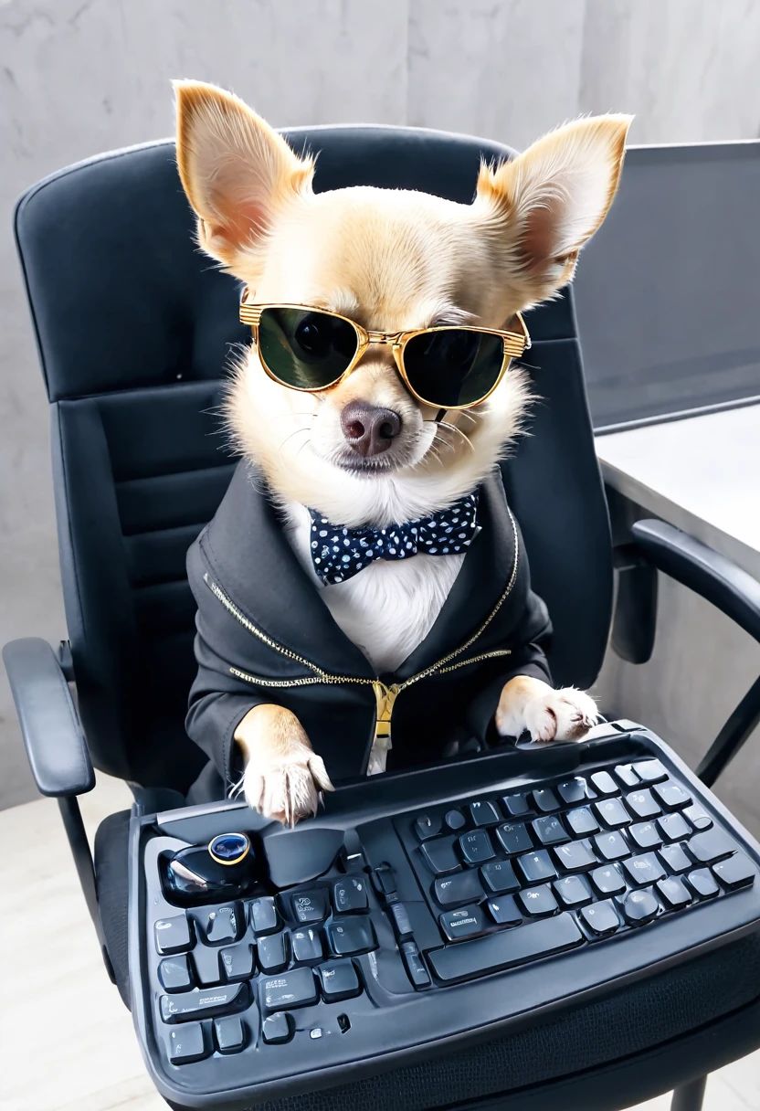 master part, um chihuahua, estilo matricial, casaco Preto, digitando num teclado, sentado em uma cadeira na frente do
Telefon, sun glasses, Dynamic angle, best quality, 4k,