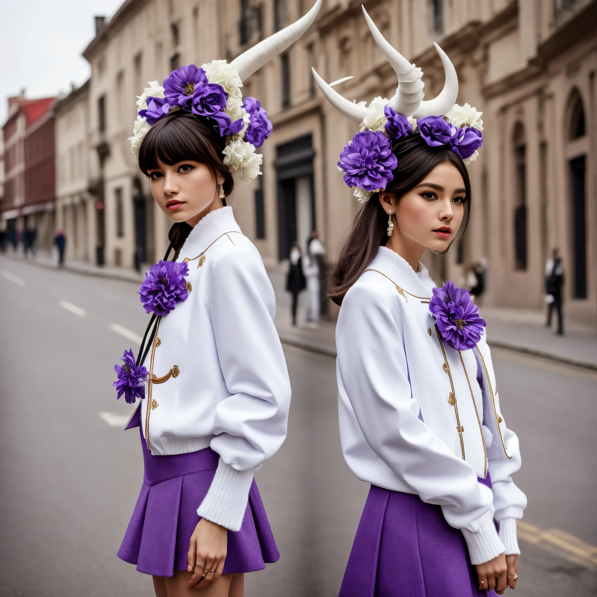 masterpiece, best quality, highres, hmsl1, horned headwear, hair flower, x hair ornament, white sweater, purple jacket, flower, long sleeves, open clothes, black bow, sleeves past wrists, skirt, cowboy shot, outdoors, street, standing