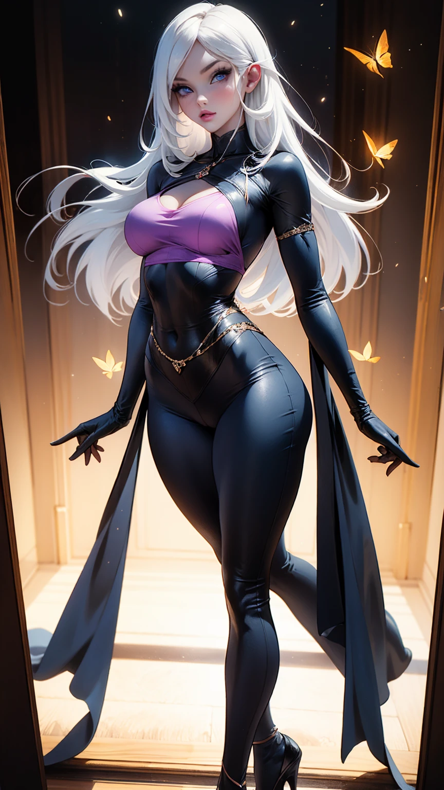 white haired girl, (blue eyes), wearing baby pink sports bra, sports bra,brightly lit night city background, red bow, butterflies in golden circle, flowing hair , but g , full figure head to toes , standing beside poles , a seductress, Full body photo, wearing black heels, glass heels, Full figure , standing on front , beautiful long legs,long legs,thighshiges, beautiful lovely lady , showing beautiful back side, back side buttocks ,wearing baby pink lether leggings,wearing baby pink lether leggings