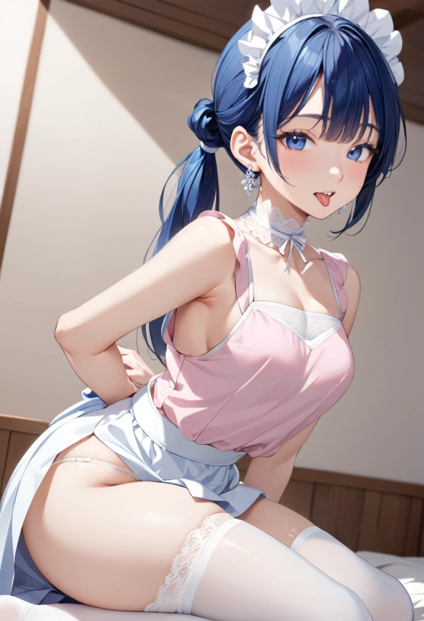 18 years old, Japanese, long blue hair tied in two ponytails, slender, medium-sized firm breasts, perfect and firm ass, tongue piercing, beautiful earrings in the ears.
clothes - white and pink maid uniform, short skirt, deep neckline, white lace choker around the neck, white stockings with a belt, white lace thong.
in normal times, modest dresses, long skirts and blouses.
underwear is always very sexy and revealing.
