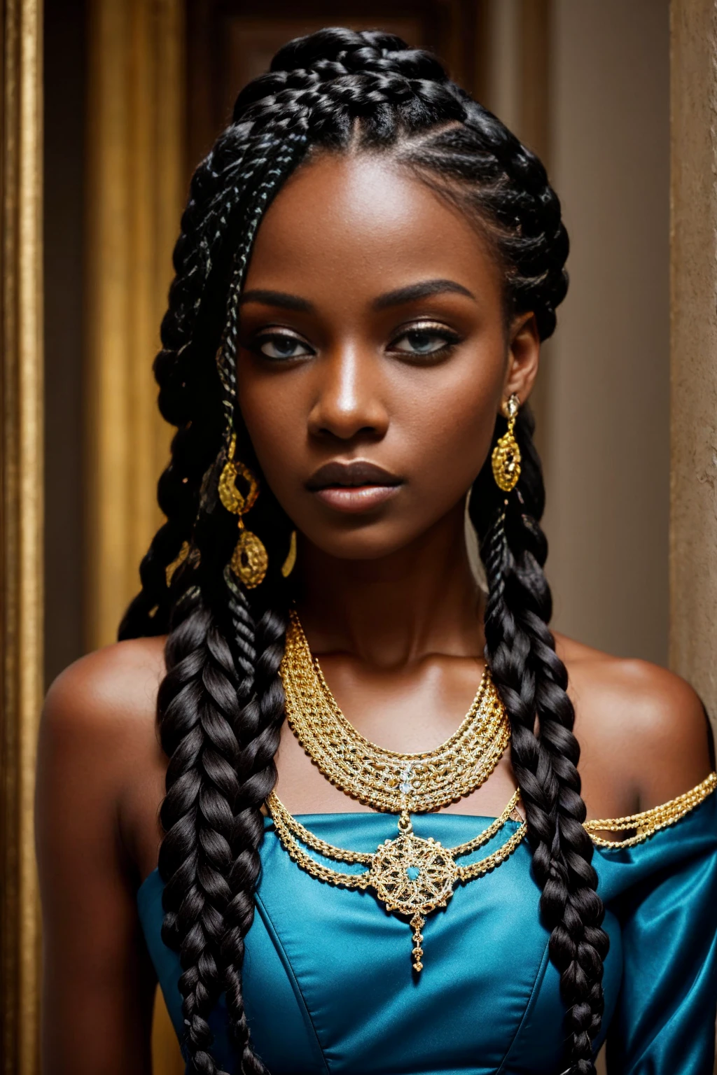 Black model with braids looking beautiful in gold jewelry, blue eyes, in the style of brown and azure, highly realistic, in the style of gothic romance, historical inspiration, meticulous details, big