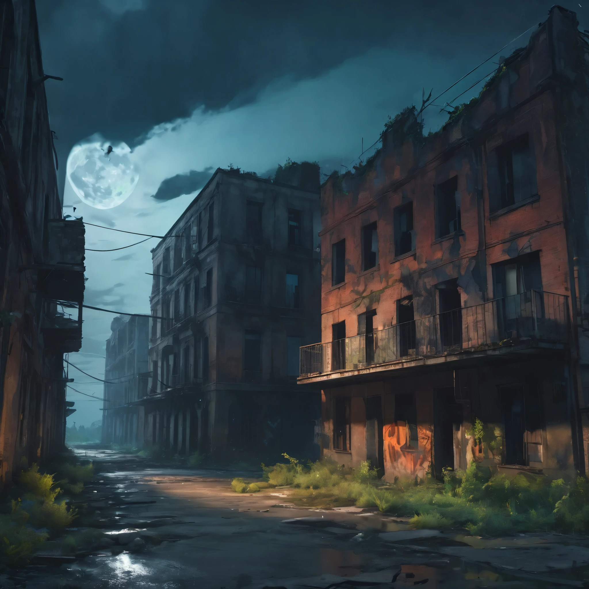 Abandoned city night view,Desolate atmosphere,Night view,Abandoned buildings,Dilapidated streets,faded graffiti,Ominous darkness,overgrown vegetation,Post-apocalyptic feelinelancholic color palette,dramatic contrast,intense shading,clouds under moonlight,surreal atmosphere,Dystopian background,frotting,A sky full of starest quality,4k,8k,highres,masterpiece:1.2,ultra-detailed,realistic:1.37,
