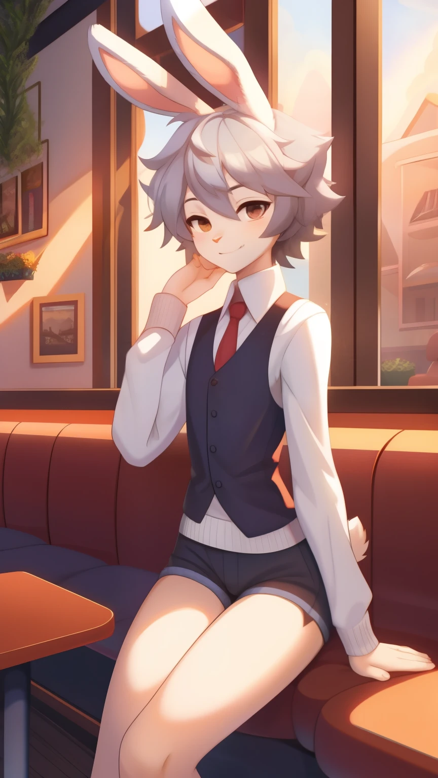 Best quality, super detailed illustration, warm colors, Ideal lighting, (fluffy bunny boy:1.4), white fur ,feminine face and body, disheveled thick gray hair, short shorts, long sleeve sweater, vest, sitting in a cafe by the window, smug smile, half-closed eyes , Femboy, slim, perfect body, style "DND"