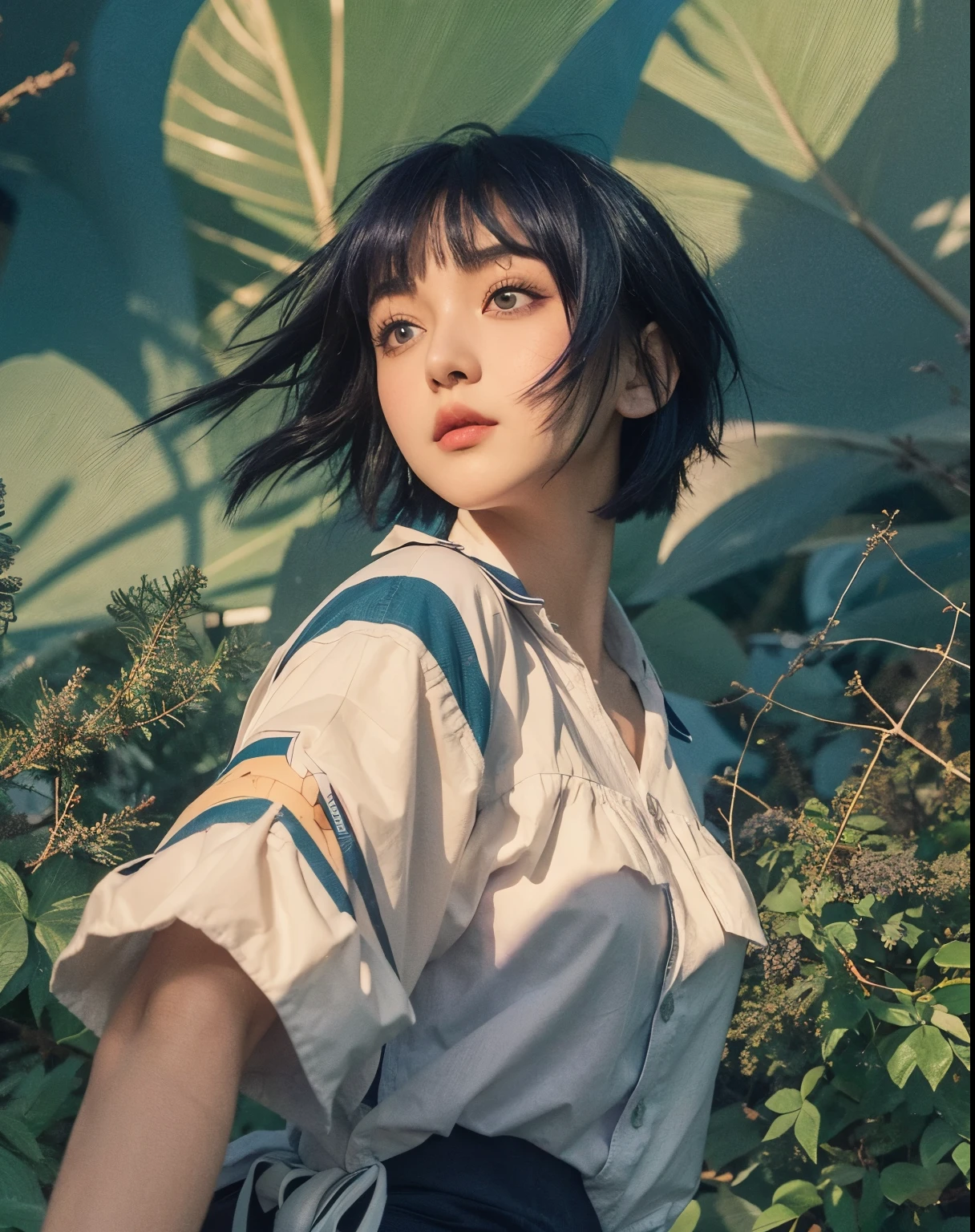 Pretty girl, short hair, Hinata Hyuga,Dark blue hair color,( light purple eyes 3.1 ) ,baground forest