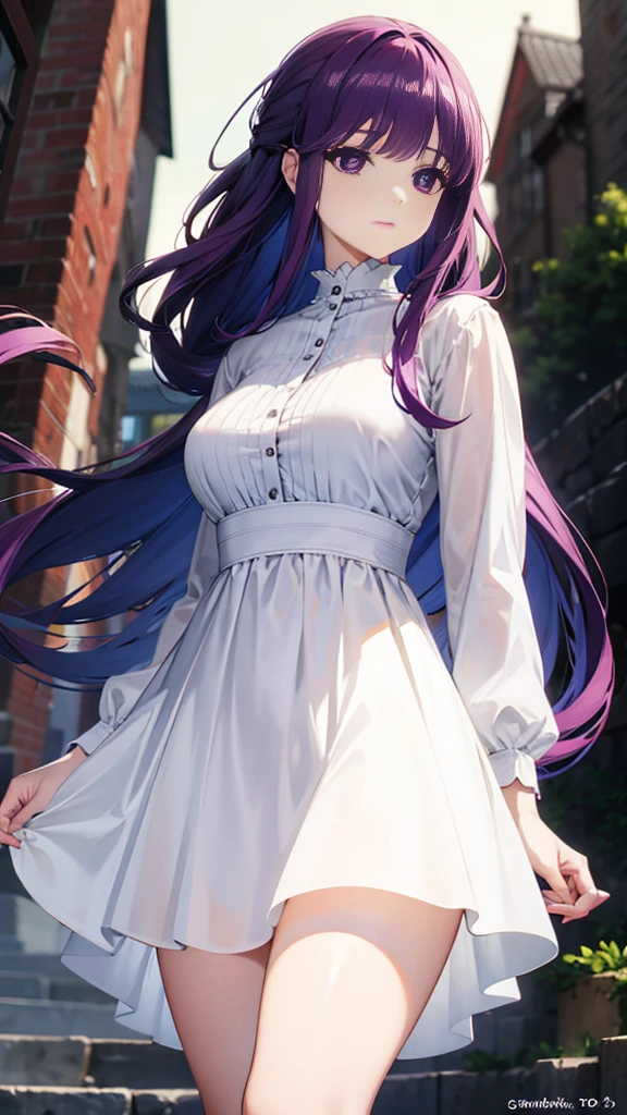 Super detailed, NSFW, masterpiece, High resolution, Photorealistic digital art, perfect lighting, (((1 girl, perfect anatomy))), accurate right hand, accurate left hand, five fingers, perfect style, Fern, big purple eyes, glossy lips, purple hair, shiny skin, smile, Pure white long sleeve blouse, pure white long skirt, (very long skirt), Not wearing underwear, Fluttering skirt, fluttering hair, (Strong contrast highlights the body lines), Fantasy art, Up close shot, Focus on the groin,