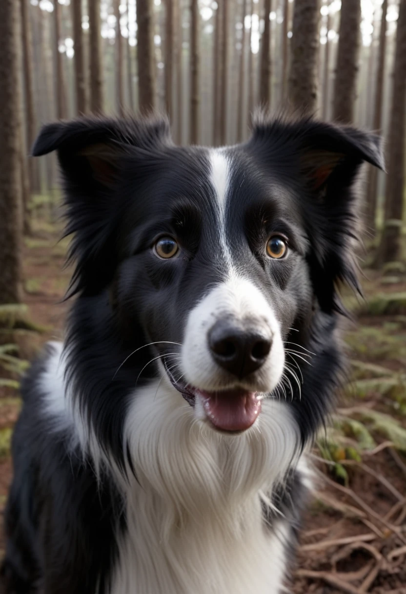 foto em close-up de um filhote de cachorro Border collie da cor preto com branco pulando muito bonito na floresta, soft volumetric lights (backlight: 1.3), (kinematics: 1.2), detalhes intrincados (art-station: 1.3), Rutkowski, 4k