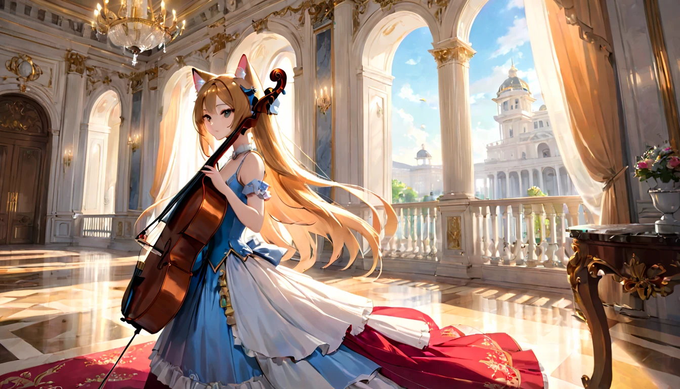 Cat ear,woman,3. Classical: An elegant character playing a cello in a magnificent palace setting
