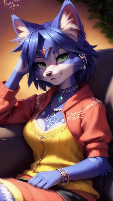 A beautiful and detailed (sweet portrait) von ((Krystal)), Sternenfuchs Krystal, Schlank, liebenswert, green eyes, medium breasts, (((Lange blaue Haare 1.3))), Dekollete, Grinsen, hoch schauen,, anthro, Pelzig, Hochgeladen E621, detailed flauschige fur, (von Fluff-Kevlar, Bayard Wu, personalami, Pino Daeni), detailliertes Gesicht, (flauschige), 1 girl, Allein, auf einem sofa sitzend, alltagskleidung, heller pullover 1.3, schwarze hose
