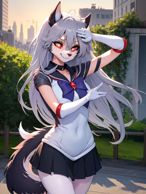 1 girl, ((loona hellhound:1.2)) (pelzig:1.2), (flauschige:1.1), (anthro:1.2), (Schnauze:1.2), smile, Stachelhalsband, lange Haare, (loonaMatrosesenshiunifrom:1.1), (geschlitzte Pupillen:1.1, White eyes:1.1, rote Sklera), Dach, Pflanzen, urban, Meisterwerk, best quality, highres, sv1, Matrose senshi uniform, Ellenbogen-Handschuhe, Tiara, Schwarze Schleife, black Matrose collar, White gloves, Schmuck, white jersey, black Matrose skirt, Matrose_Mondpose