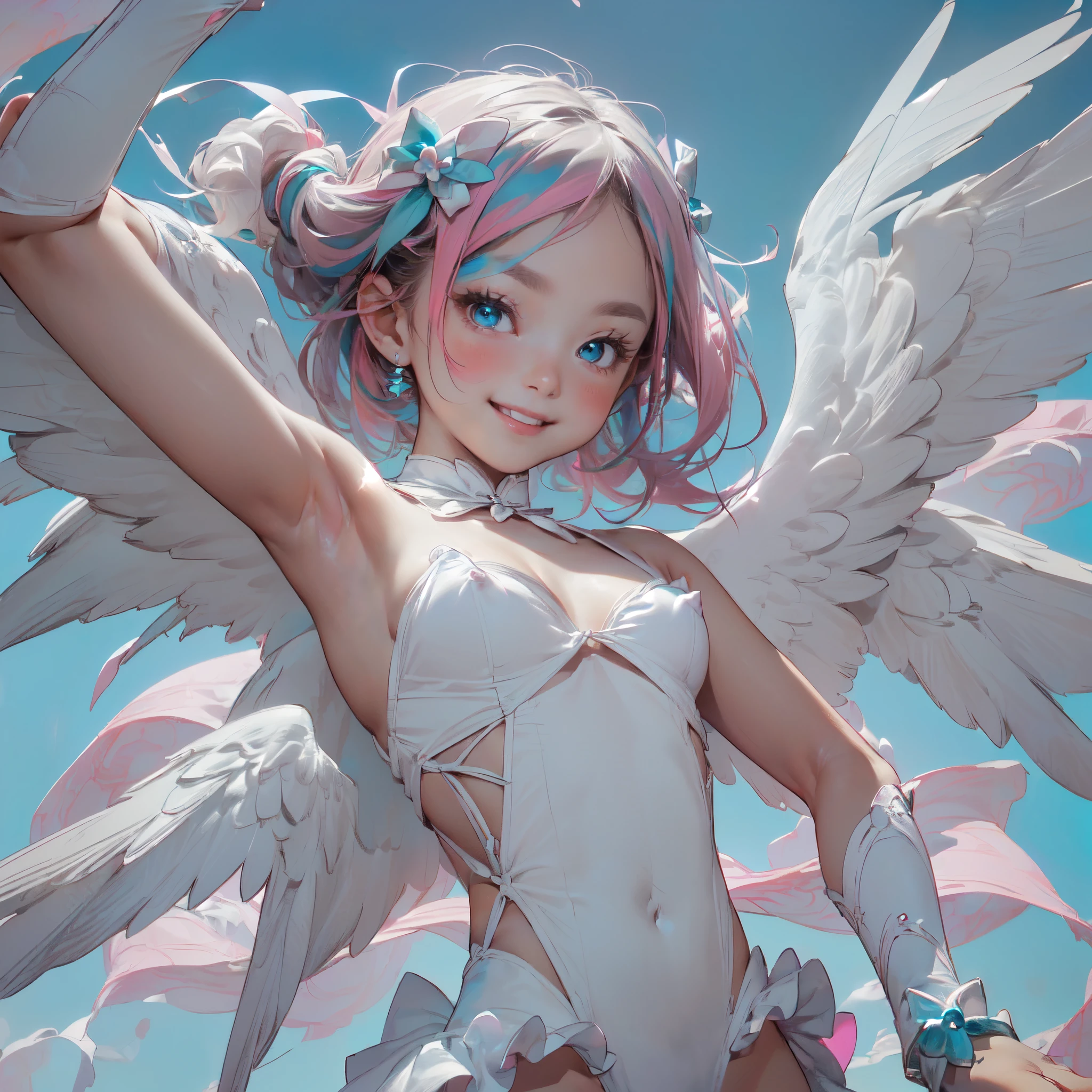 smile、((Cleavage fully exposed))、(((nsfw:1.25))),,(((a very young child:1.44))),(very short hair),(fullbody,(A who is a :1.3),(SF),full body,(1 girl, solo, kawaii, anime:1.25),(lolittle, tiny, masterpiece, angel, angel wings, simple halo:1.23), (aqua hair, long hair, blue eyes, twinkle eyes:1.18), (shiny skin, shiny hair, small breast, blue sky:1.18763), (magical girl costume, bare shoulders, white leotard, micro skirt, frills, flying:1.15763), (blush, smile, multicolored clothes, pastel color:1.1225),(dynamic angle, cinematic lighting, depth of field:1.08), fantasy, happy, solo focus, simple background, (see-through:0.85), BREAK