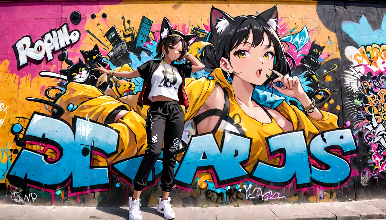 cat ear,woman,4. Hip-hop: A cool rapper with street art adorning city walls, rapping in an urban setting
